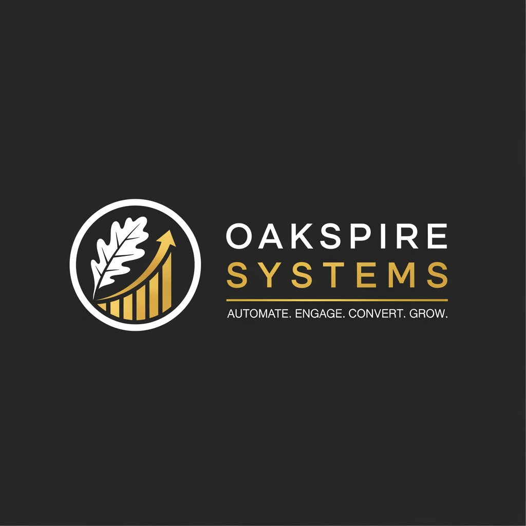 AI Design for A professional dark mode corporate logo on a flat, solid dark charcoal background (#1A1A1A). On the left is an elegant circular emblem: it contains a clean, stylized oak leaf in pure white, partially enclosed by a thin white crescent circle. Interlocking with the leaf is a sleek gold rising bar chart that curves upward into a gold arrow. To the right of the emblem, the wordmark reads "OAKSPIRE" in a bold, clean, modern white sans-serif font, followed immediately by "SYSTEMS" in a bright, metallic gold (#D4AF37). Beneath the main text, a thin gold line underlines the tagline "AUTOMATE. ENGAGE. CONVERT. GROW." in small, clean, white uppercase letters. Minimalist, premium, vector-style design with clean lines and perfect spelling, flat design, 8k resolution.