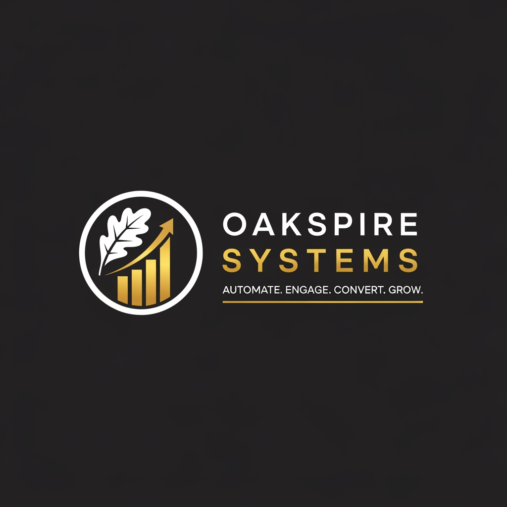AI Design for A professional dark mode corporate logo on a flat, solid dark charcoal background (#1A1A1A). On the left is an elegant circular emblem: it contains a clean, stylized oak leaf in pure white, partially enclosed by a thin white crescent circle. Interlocking with the leaf is a sleek gold rising bar chart that curves upward into a gold arrow. To the right of the emblem, the wordmark reads "OAKSPIRE" in a bold, clean, modern white sans-serif font, followed immediately by "SYSTEMS" in a bright, metallic gold (#D4AF37). Beneath the main text, a thin gold line underlines the tagline "AUTOMATE. ENGAGE. CONVERT. GROW." in small, clean, white uppercase letters. Minimalist, premium, vector-style design with clean lines and perfect spelling, flat design, 8k resolution.