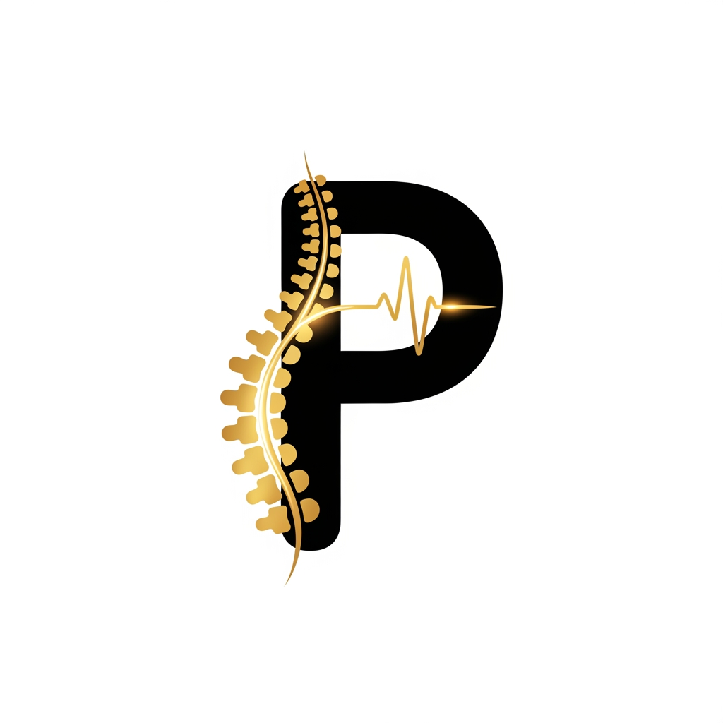 AI Design for Create a text-free Pain Physician logo icon using an abstract human spine forming a “P” shape, with a small glowing nerve pathway and pain-relief wave. Minimal vector style, premium medical branding, smooth rounded lines, gold and black, clean luxury look, transparent background, no text, no mockup, high resolution.