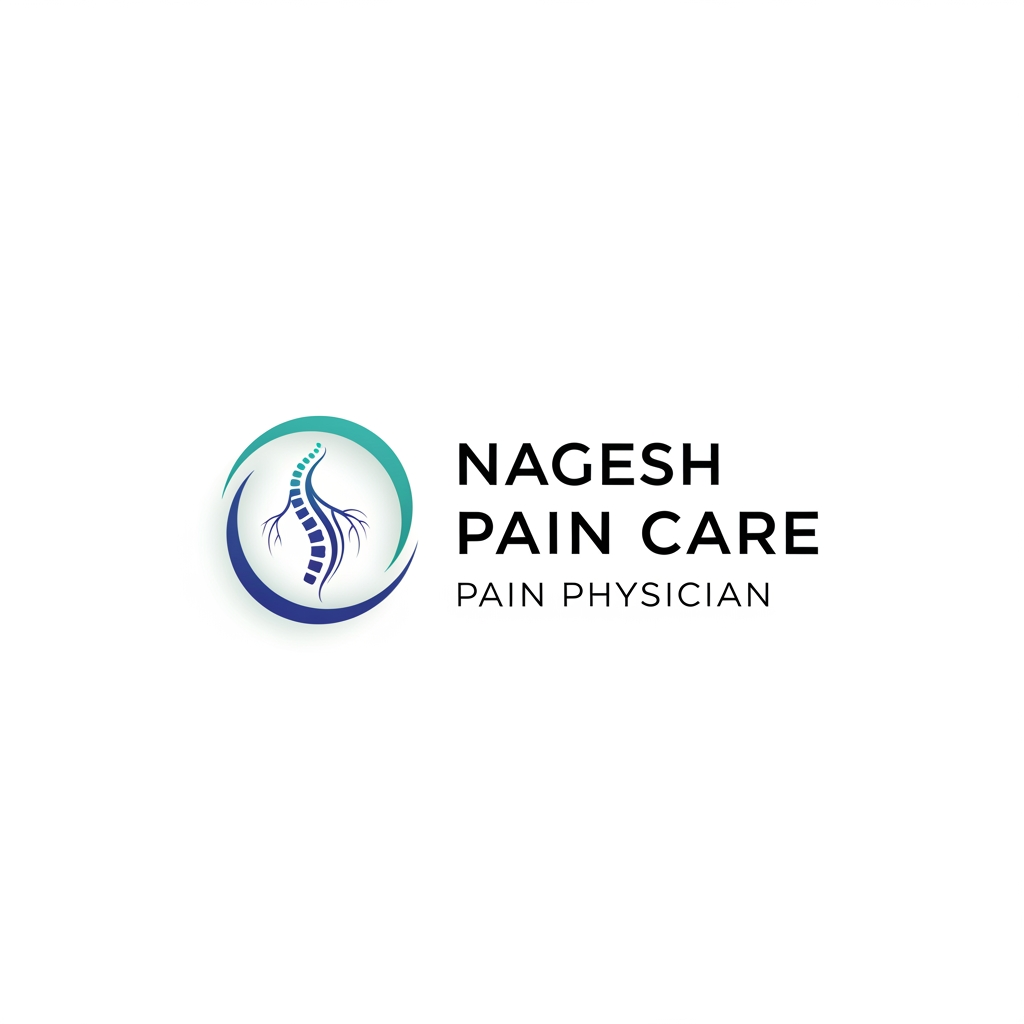 AI Design for Create a clean premium medical logo for a Pain Physician brand. Icon on the left: modern minimal spine + nerve line symbol inside a soft circular medical emblem, with subtle teal and royal blue gradient. Beside the icon add text: Nagesh Pain Care in elegant bold medical typography. Under it add small tagline: Pain Physician. White background, clean hospital branding, professional healthcare look, soft shadows, vector logo style, high resolution, simple and memorable, no clutter.