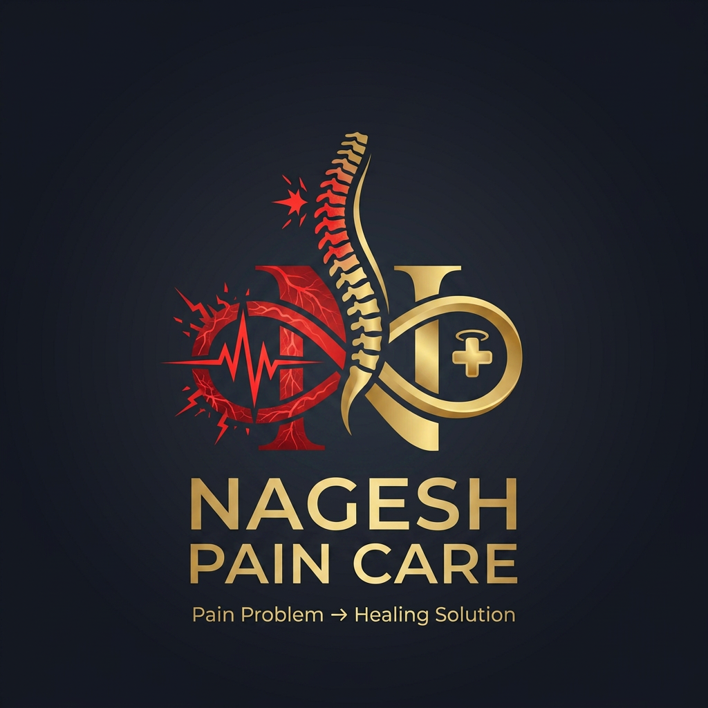 AI Design for Create a premium medical logo for Nagesh Pain Care. Logo concept should clearly show “Problem to Solution”: one side showing pain/problem as a red nerve pain signal, the other side showing relief/solution as a smooth golden healing wave. Use an elegant N letter icon formed with a spine curve and healing line. Modern pain management clinic branding, luxury medical style, clean vector logo, gold + navy/black colors, professional, minimal, high resolution, transparent background.

Text: NAGESH PAIN CARE
Tag feel: Pain Problem → Healing Solution