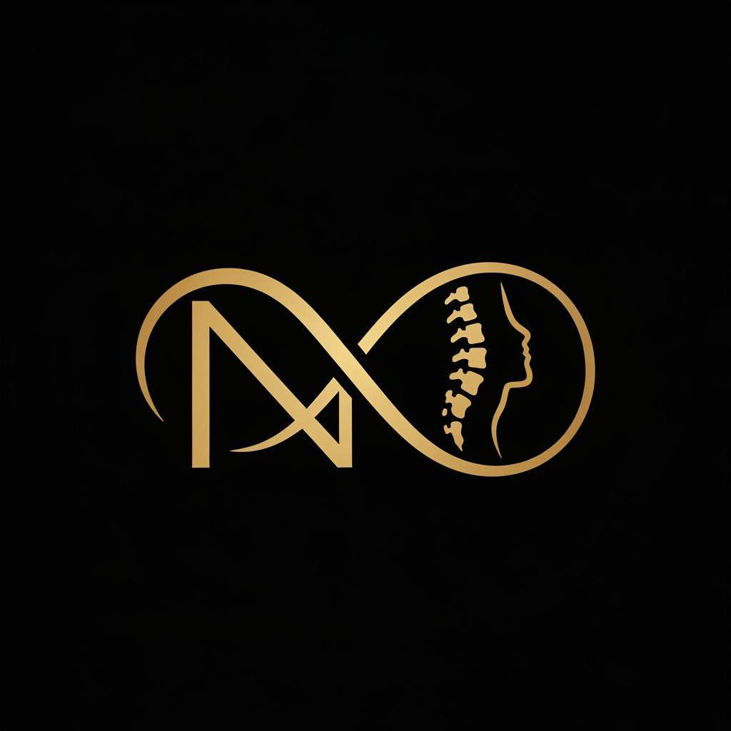 AI Design for Design a high-end healthcare logo with the letter N merged into an infinity loop and spine silhouette. Symbolizing continuous care and lasting pain relief. Elegant gold metallic lines, black background, minimalist vector design, no text.