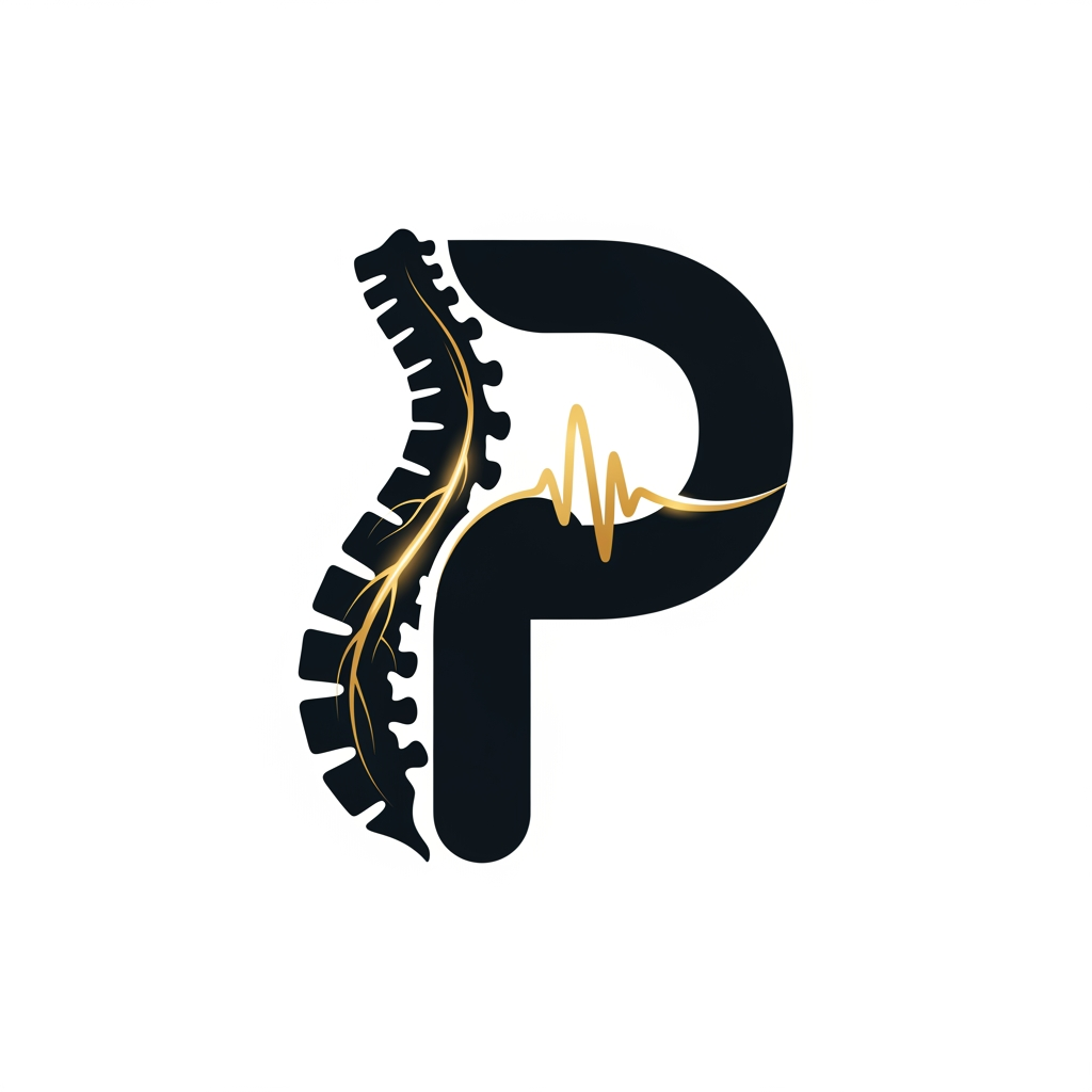 AI Design for Create a text-free Pain Physician logo icon using an abstract human spine forming a “P” shape, with a small glowing nerve pathway and pain-relief wave. Minimal vector style, premium medical branding, smooth rounded lines, gold and black, clean luxury look, transparent background, no text, no mockup, high resolution.