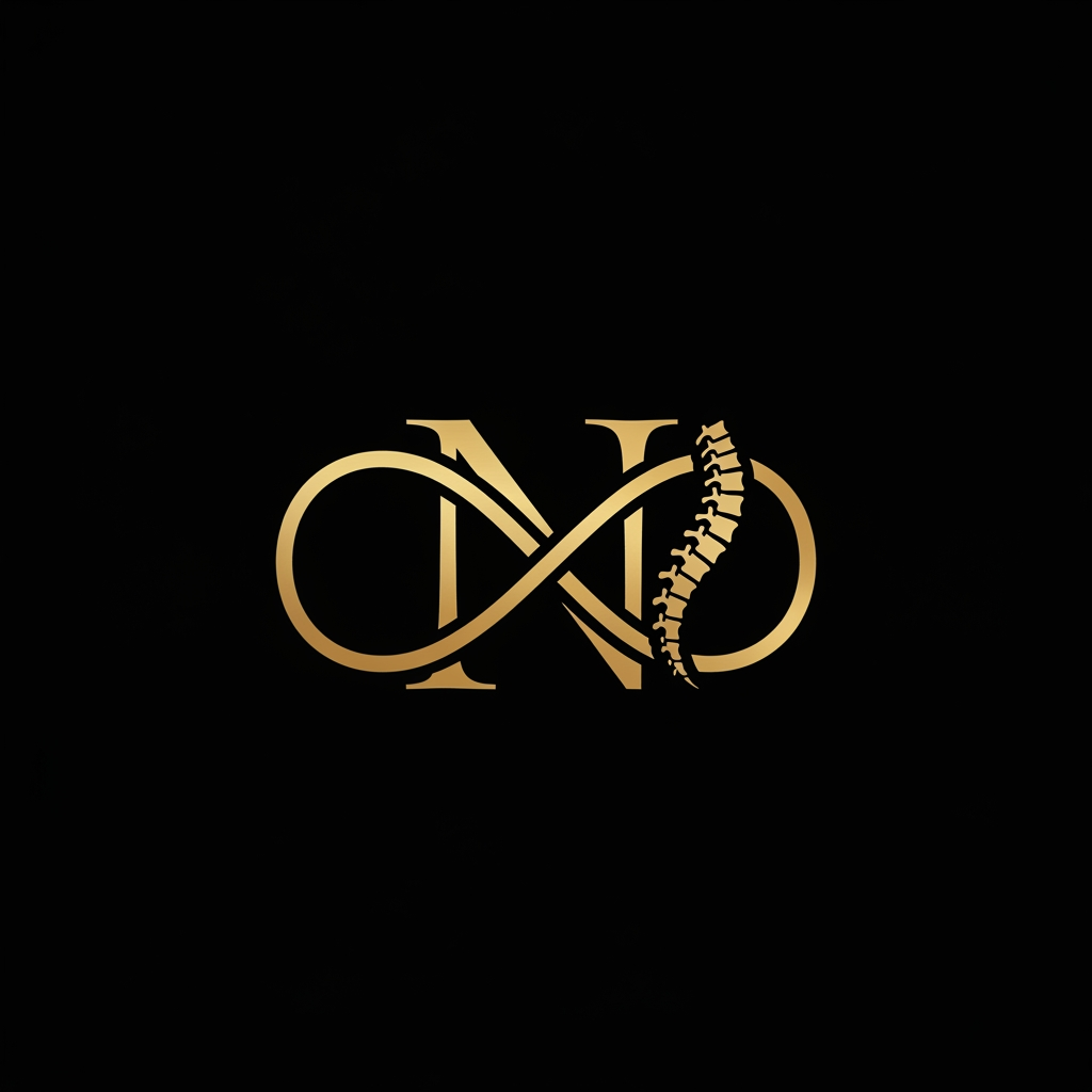 AI Design for Design a high-end healthcare logo with the letter N merged into an infinity loop and spine silhouette. Symbolizing continuous care and lasting pain relief. Elegant gold metallic lines, black background, minimalist vector design, no text.