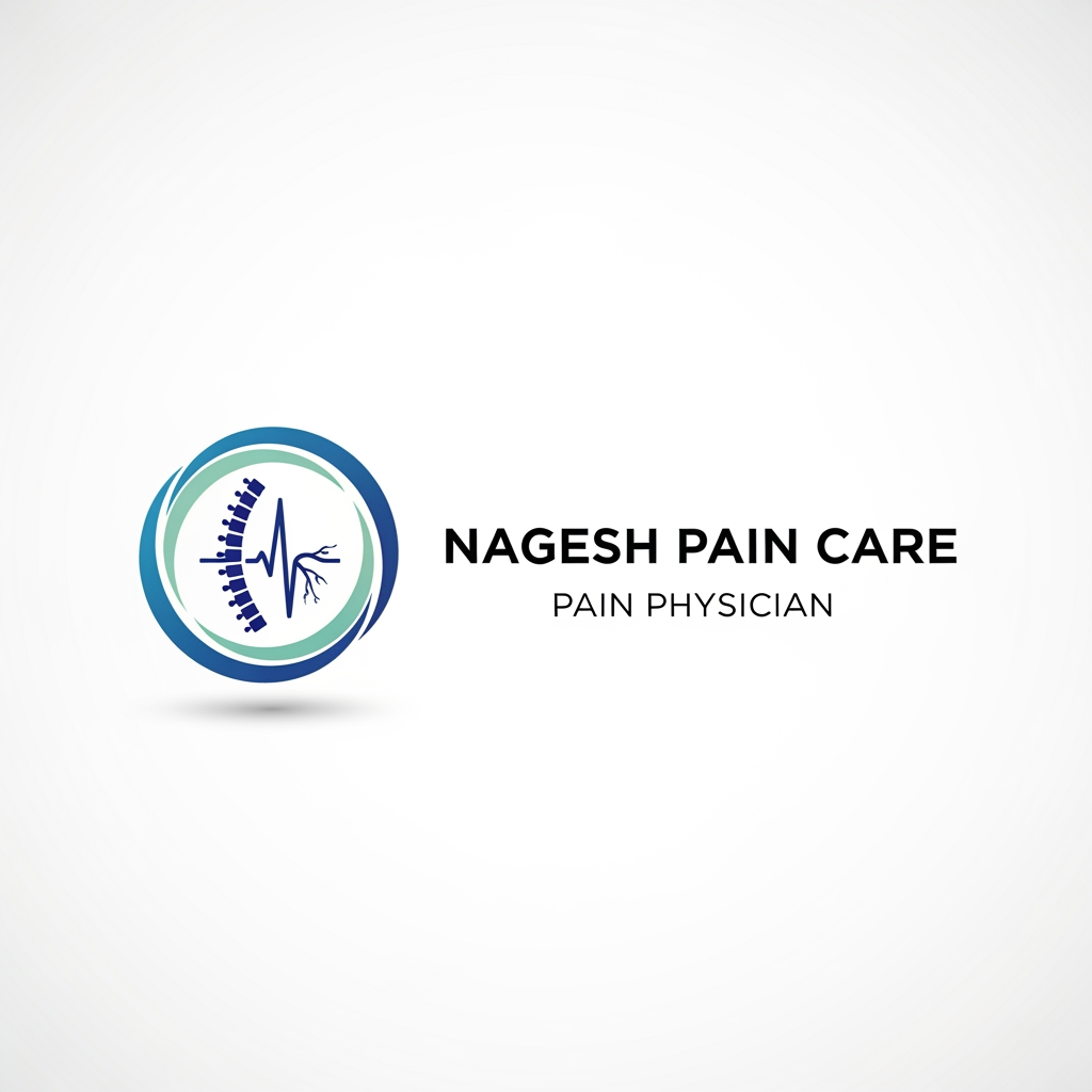 AI Design for Create a clean premium medical logo for a Pain Physician brand. Icon on the left: modern minimal spine + nerve line symbol inside a soft circular medical emblem, with subtle teal and royal blue gradient. Beside the icon add text: Nagesh Pain Care in elegant bold medical typography. Under it add small tagline: Pain Physician. White background, clean hospital branding, professional healthcare look, soft shadows, vector logo style, high resolution, simple and memorable, no clutter.