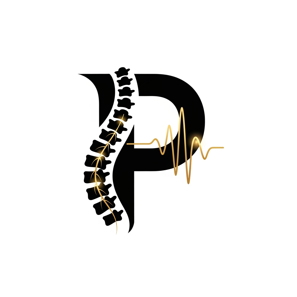 AI Design for Create a text-free Pain Physician logo icon using an abstract human spine forming a “P” shape, with a small glowing nerve pathway and pain-relief wave. Minimal vector style, premium medical branding, smooth rounded lines, gold and black, clean luxury look, transparent background, no text, no mockup, high resolution.
