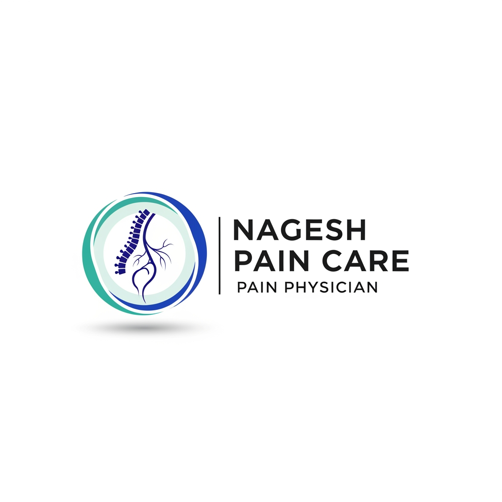 AI Design for Create a clean premium medical logo for a Pain Physician brand. Icon on the left: modern minimal spine + nerve line symbol inside a soft circular medical emblem, with subtle teal and royal blue gradient. Beside the icon add text: Nagesh Pain Care in elegant bold medical typography. Under it add small tagline: Pain Physician. White background, clean hospital branding, professional healthcare look, soft shadows, vector logo style, high resolution, simple and memorable, no clutter.