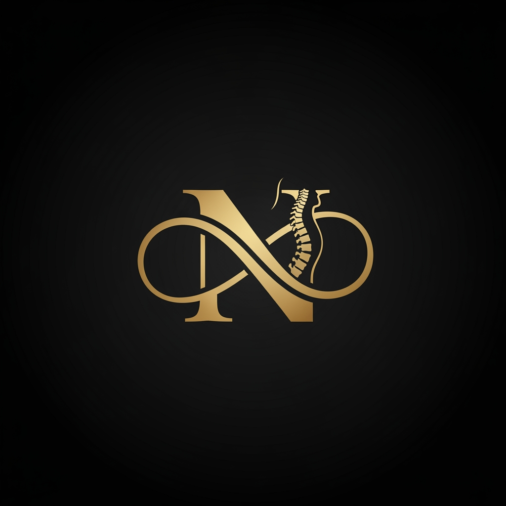 AI Design for Design a high-end healthcare logo with the letter N merged into an infinity loop and spine silhouette. Symbolizing continuous care and lasting pain relief. Elegant gold metallic lines, black background, minimalist vector design, no text.