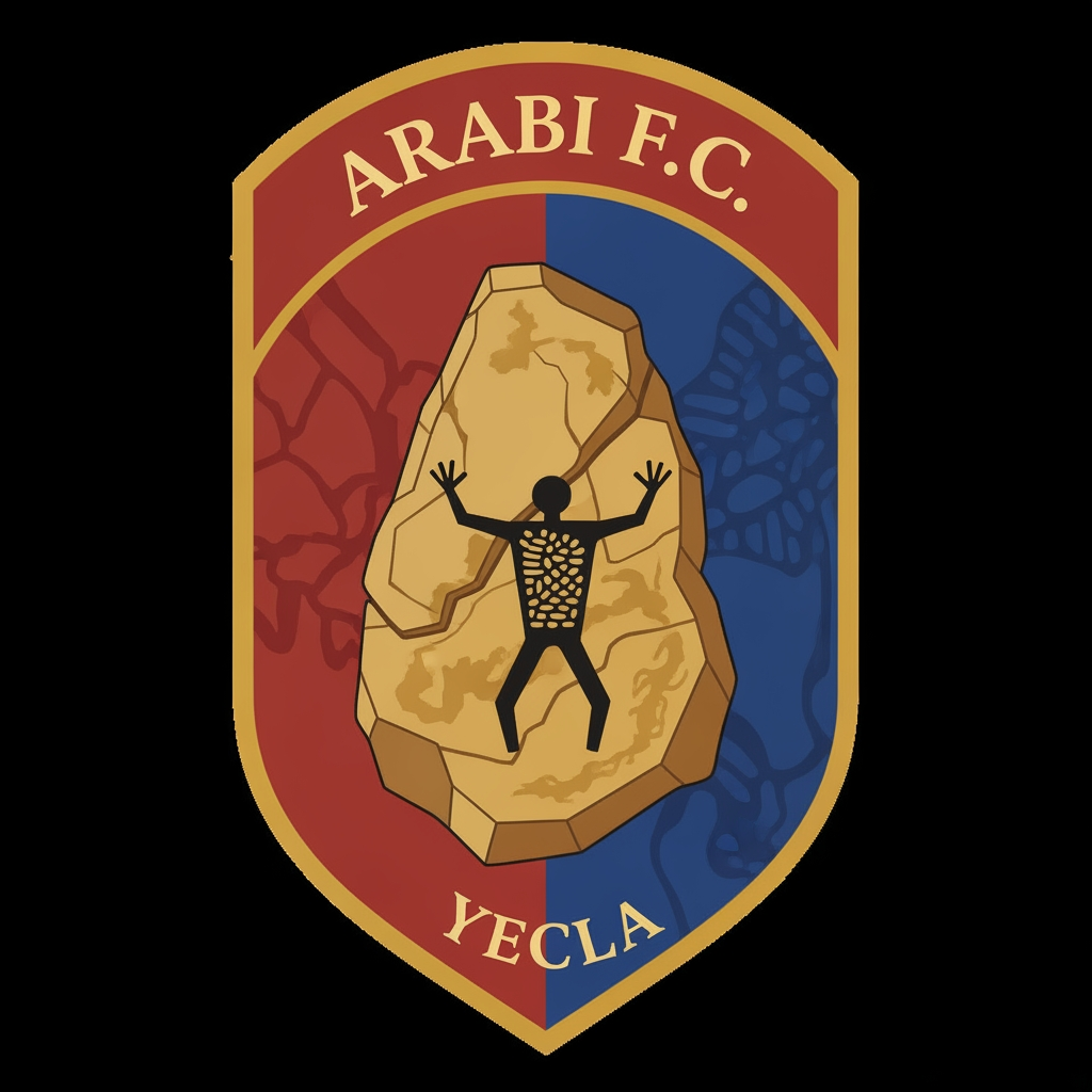 AI Design for un escudo de futbol basado en el pueblo de yecla llamado arabi f.c con un arte rupestre caracteristico del pueblo