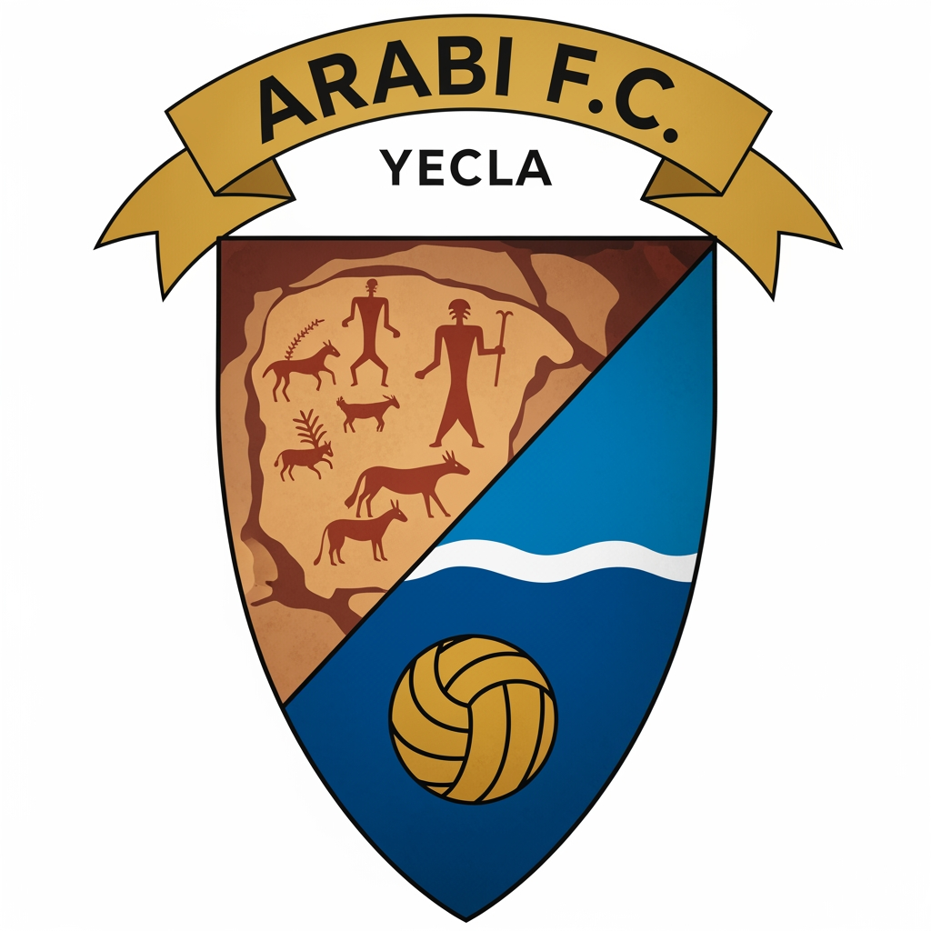 AI Design for un escudo de futbol basado en el pueblo de yecla llamado arabi f.c con un arte rupestre caracteristico del pueblo