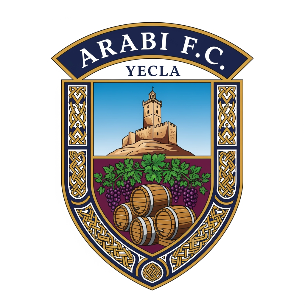 AI Design for un escudo de futbol basado en el pueblo de yecla llamado arabi f.c con un arte caracteristico del pueblo que sea expectacular y apto para un equipo de primera division