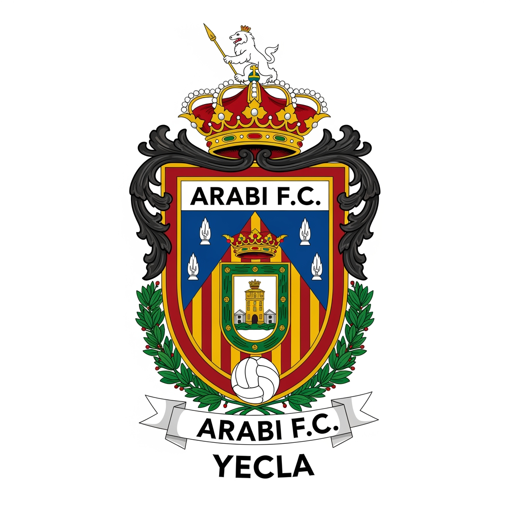 AI Design for un escudo de futbol basado en el pueblo de yecla llamado arabi f.c con un arte caracteristico del pueblo que sea expectacular y apto para un equipo de primera division