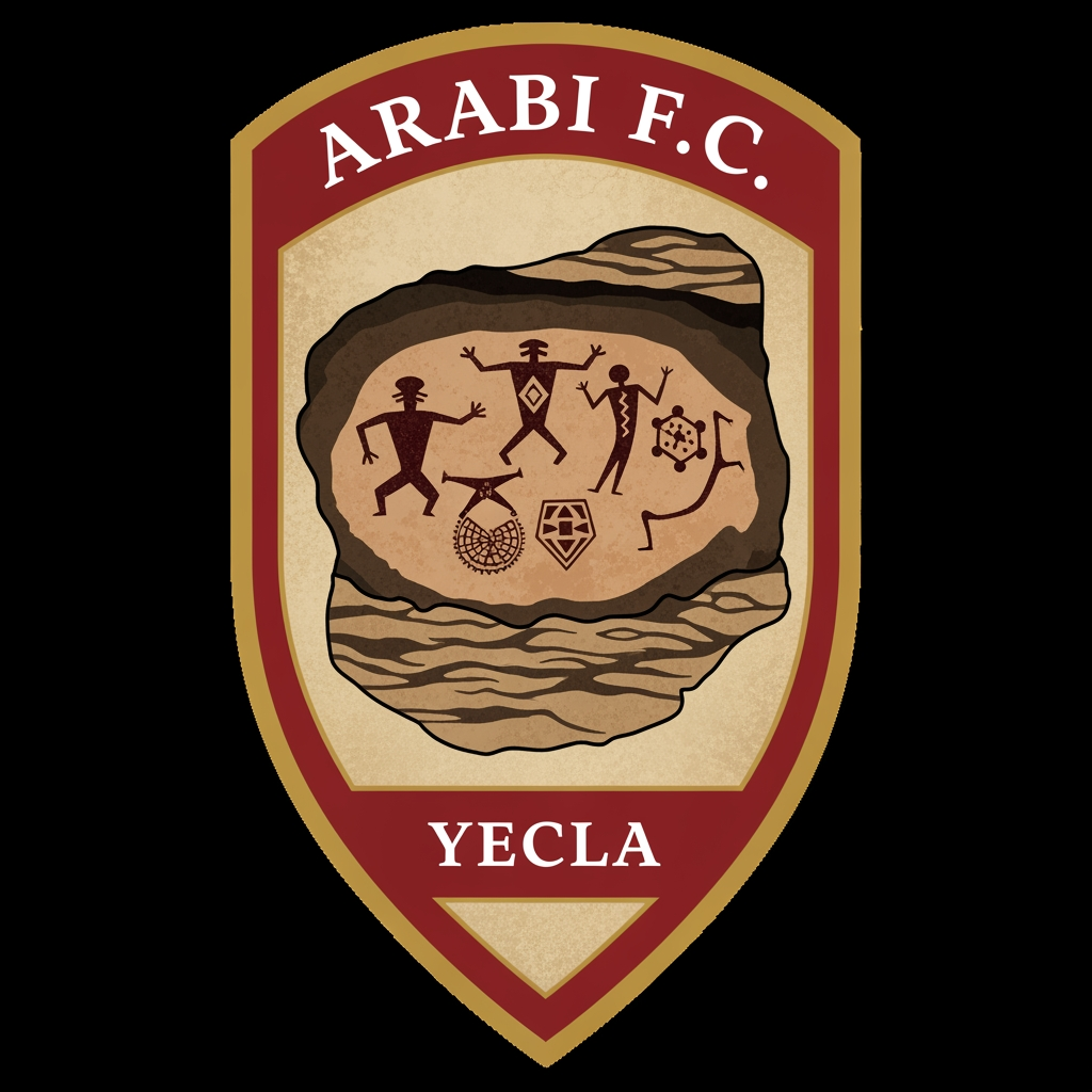 AI Design for un escudo de futbol basado en el pueblo de yecla llamado arabi f.c con un arte rupestre caracteristico del pueblo