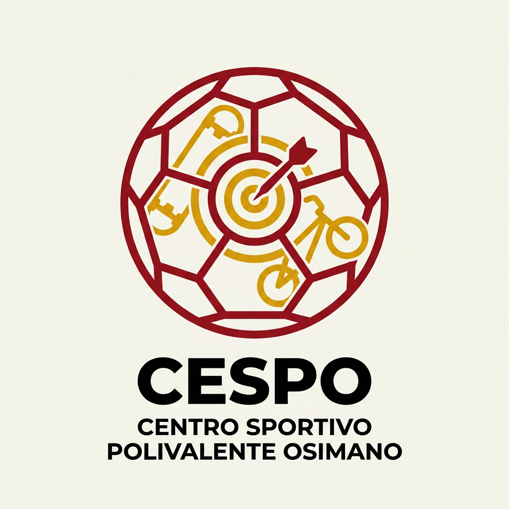 AI Design for mi generi un LOGO minimal (semplice e di impatto) per una struttura sportiva. il nome è CESPO (CENTRO SPORTIVO POLIVALENTE OSIMANO) dove all'interno facciamo calcio a5, scuola calcio per bambini, skate, bmx ,rollerblade e freccette steel e soft. lo sorto primario è il calcio a 5 ..poi skate,bmx e infine le freccette. usiamo i colori giallo rosso insieme al panna/bianco e nero
