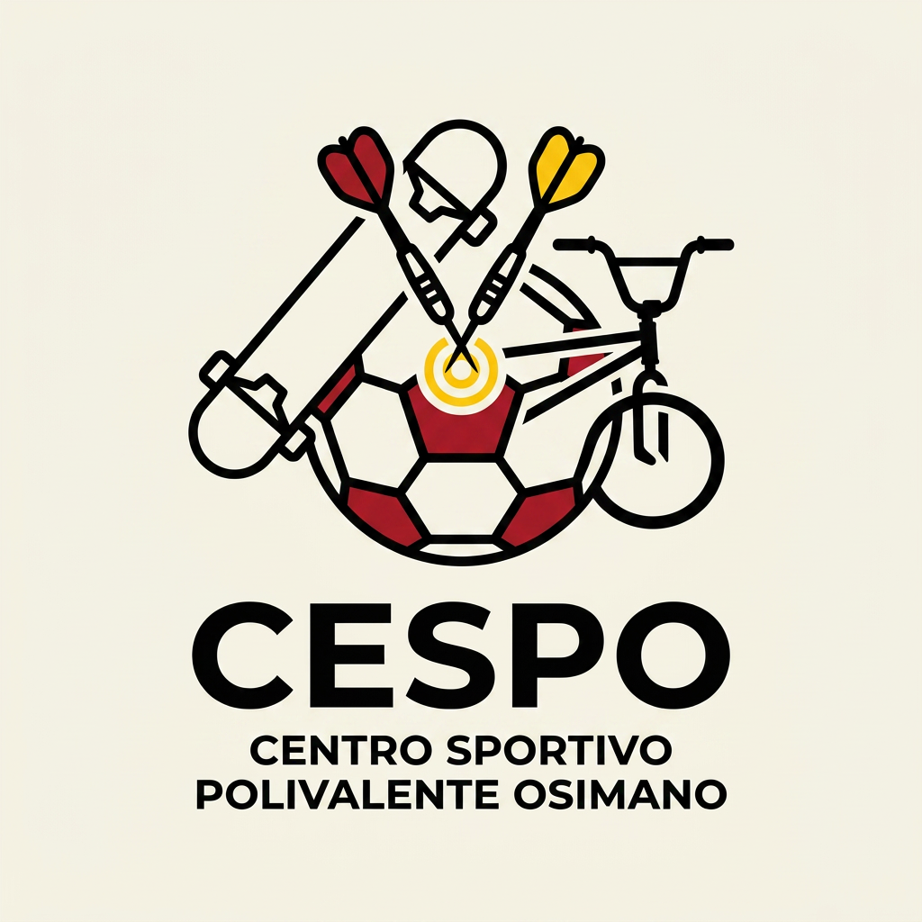 AI Design for mi generi un LOGO minimal (semplice e di impatto) per una struttura sportiva. il nome è CESPO (CENTRO SPORTIVO POLIVALENTE OSIMANO) dove all'interno facciamo calcio a5, scuola calcio per bambini, skate, bmx ,rollerblade e freccette steel e soft. lo sorto primario è il calcio a 5 ..poi skate,bmx e infine le freccette. usiamo i colori giallo rosso insieme al panna/bianco e nero
