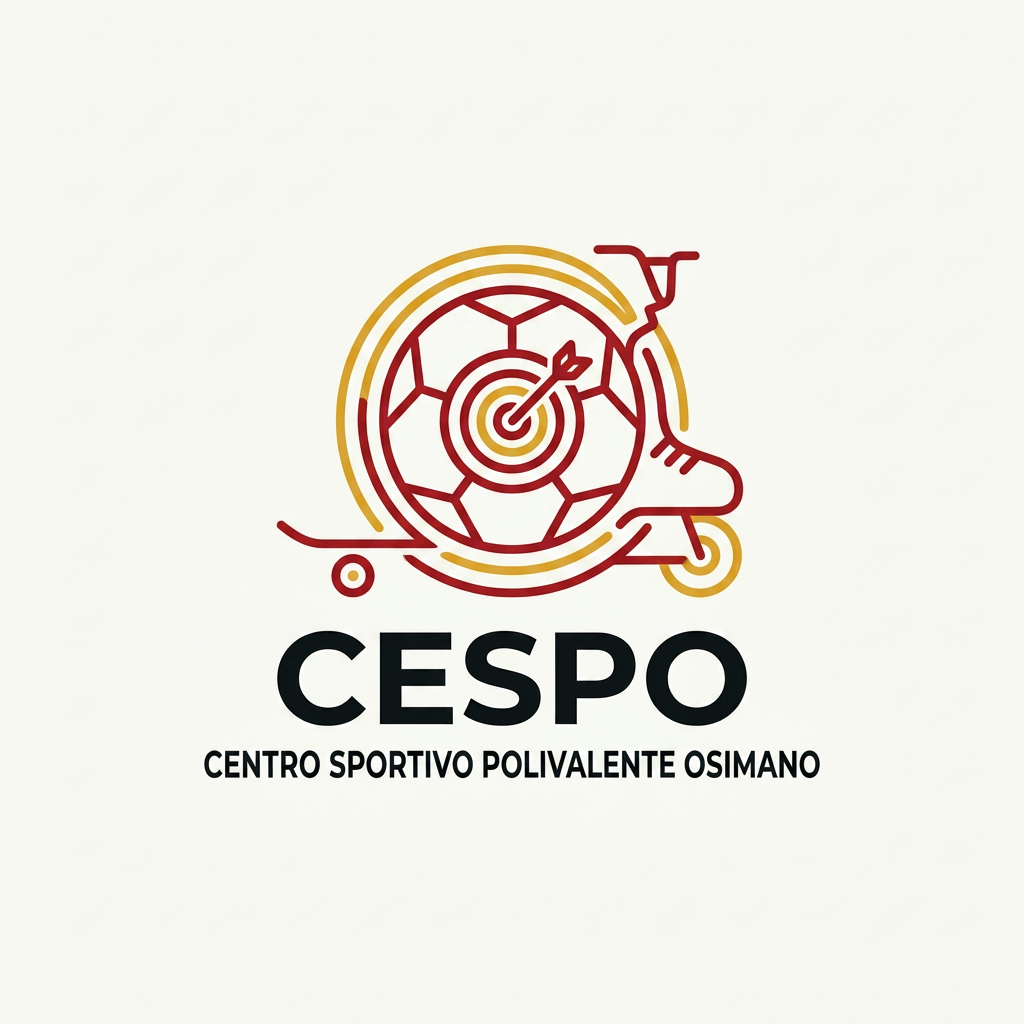 AI Design for mi generi un LOGO minimal (semplice e di impatto) per una struttura sportiva. il nome è CESPO (CENTRO SPORTIVO POLIVALENTE OSIMANO) dove all'interno facciamo calcio a5, scuola calcio per bambini, skate, bmx ,rollerblade e freccette steel e soft. lo sorto primario è il calcio a 5 ..poi skate,bmx e infine le freccette. usiamo i colori giallo rosso insieme al panna/bianco e nero