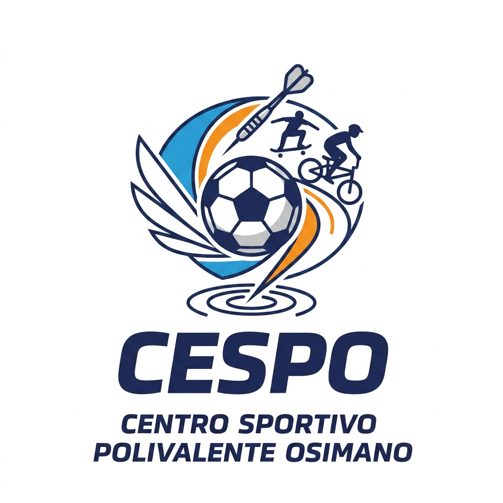AI Design for mi generi un LOGO minimal (semplice e di impatto) per una struttura sportiva. il nome è CESPO (CENTRO SPORTIVO POLIVALENTE OSIMANO) dove all'interno facciamo calcio a5, scuola calcio per bambini, skate, bmx ,rollerblade e freccette steel e soft. lo sorto primario è il calcio a 5 ..poi skate,bmx e infine le freccette