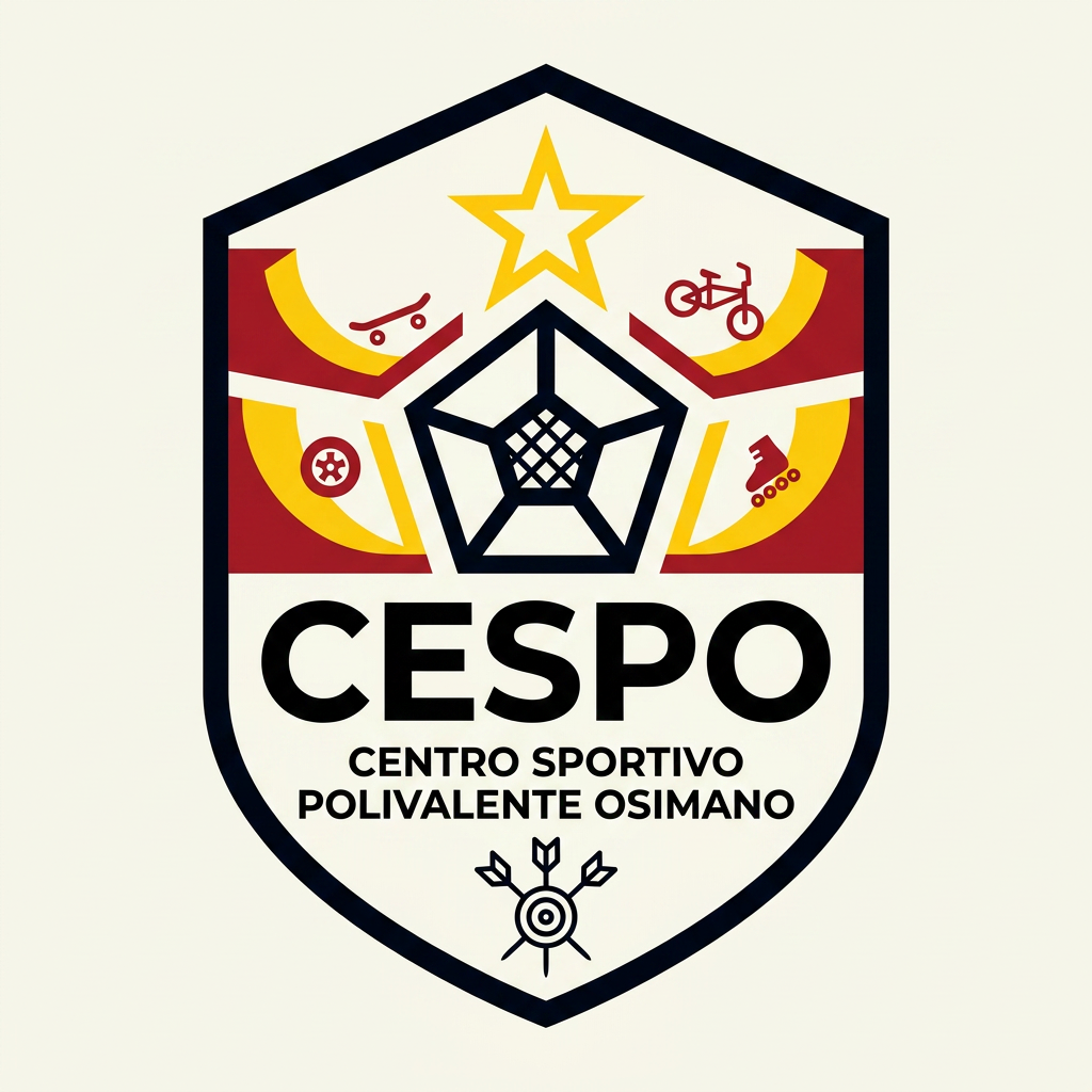 AI Design for mi generi un LOGO minimal (semplice e di impatto) per una struttura sportiva. il nome è CESPO (CENTRO SPORTIVO POLIVALENTE OSIMANO) dove all'interno facciamo calcio a5, scuola calcio per bambini, skate, bmx ,rollerblade e freccette steel e soft. lo sorto primario è il calcio a 5 ..poi skate,bmx e infine le freccette. usiamo i colori giallo rosso insieme al panna/bianco e nero