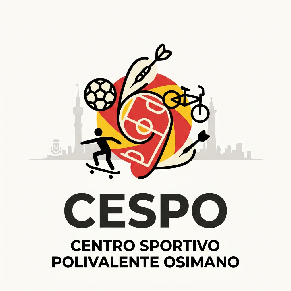 AI Design for mi generi un LOGO minimal (semplice e di impatto) per una struttura sportiva. il nome è CESPO (CENTRO SPORTIVO POLIVALENTE OSIMANO) dove all'interno facciamo calcio a5, scuola calcio per bambini, skate, bmx ,rollerblade e freccette steel e soft. lo sorto primario è il calcio a 5 ..poi skate,bmx e infine le freccette. usiamo i colori giallo rosso insieme al panna/bianco e nero