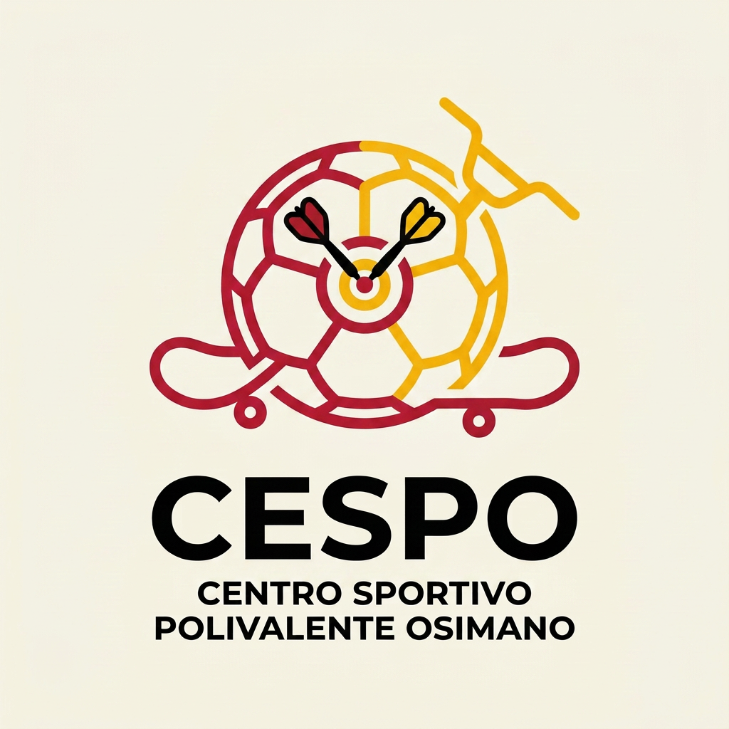 AI Design for mi generi un LOGO minimal (semplice e di impatto) per una struttura sportiva. il nome è CESPO (CENTRO SPORTIVO POLIVALENTE OSIMANO) dove all'interno facciamo calcio a5, scuola calcio per bambini, skate, bmx ,rollerblade e freccette steel e soft. lo sorto primario è il calcio a 5 ..poi skate,bmx e infine le freccette. usiamo i colori giallo rosso insieme al panna/bianco e nero