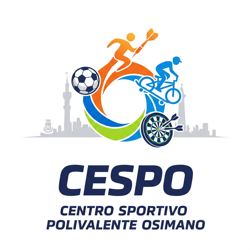 AI Design for mi generi un LOGO minimal (semplice e di impatto) per una struttura sportiva. il nome è CESPO (CENTRO SPORTIVO POLIVALENTE OSIMANO) dove all'interno facciamo calcio a5, scuola calcio per bambini, skate, bmx ,rollerblade e freccette steel e soft. lo sorto primario è il calcio a 5 ..poi skate,bmx e infine le freccette