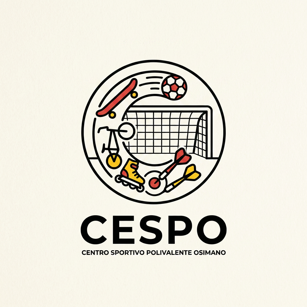 AI Design for mi generi un LOGO minimal (semplice e di impatto) per una struttura sportiva. il nome è CESPO (CENTRO SPORTIVO POLIVALENTE OSIMANO) dove all'interno facciamo calcio a5, scuola calcio per bambini, skate, bmx ,rollerblade e freccette steel e soft. lo sorto primario è il calcio a 5 ..poi skate,bmx e infine le freccette. usiamo i colori giallo rosso insieme al panna/bianco e nero