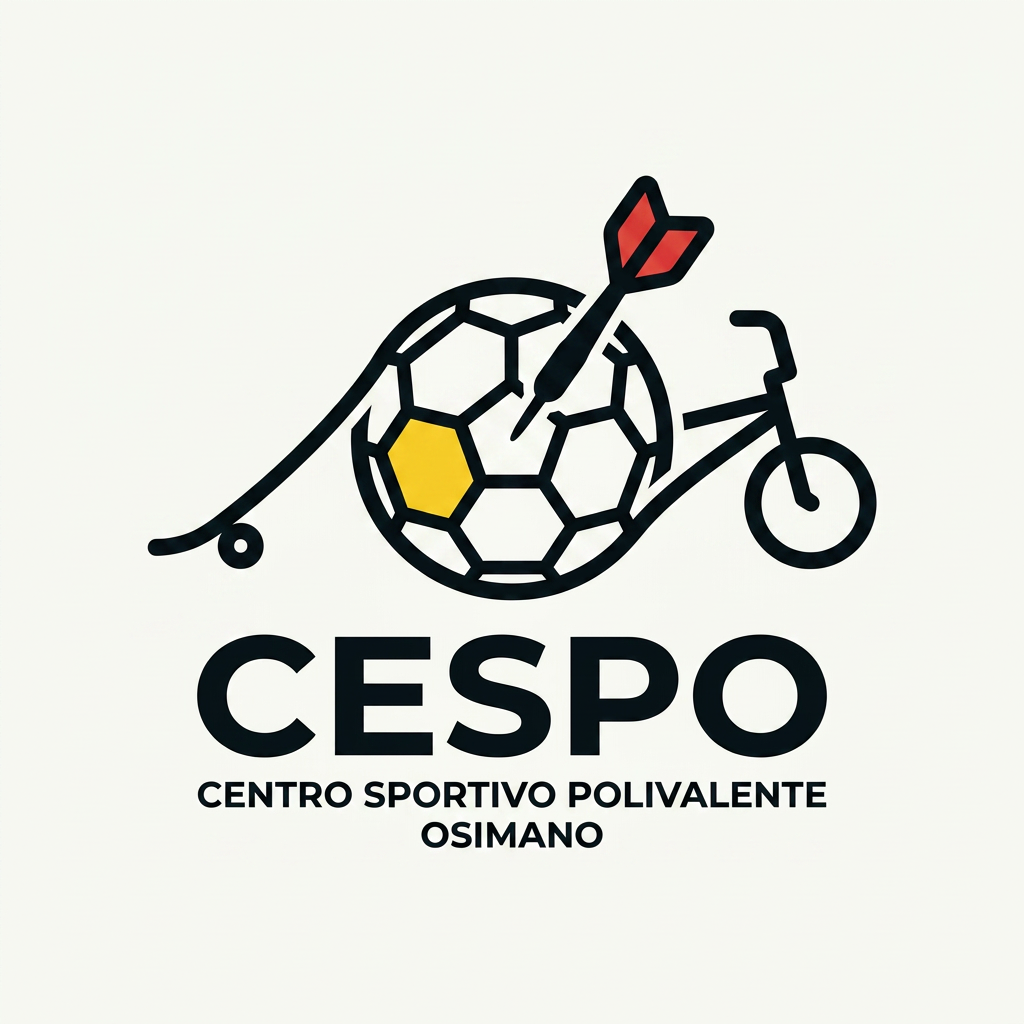 AI Design for mi generi un LOGO minimal (semplice e di impatto) per una struttura sportiva. il nome è CESPO (CENTRO SPORTIVO POLIVALENTE OSIMANO) dove all'interno facciamo calcio a5, scuola calcio per bambini, skate, bmx ,rollerblade e freccette steel e soft. lo sorto primario è il calcio a 5 ..poi skate,bmx e infine le freccette. usiamo i colori giallo rosso insieme al panna/bianco e nero
