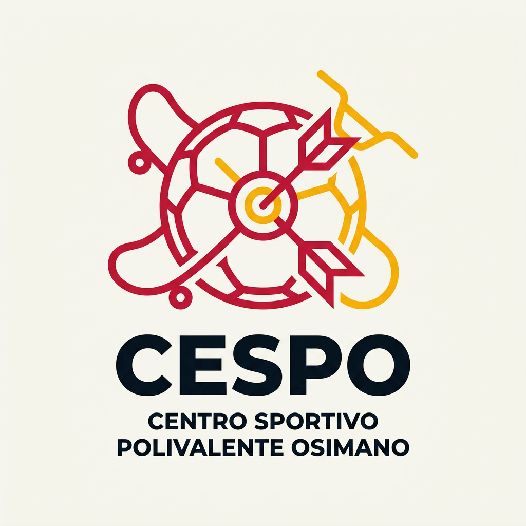 AI Design for mi generi un LOGO minimal (semplice e di impatto) per una struttura sportiva. il nome è CESPO (CENTRO SPORTIVO POLIVALENTE OSIMANO) dove all'interno facciamo calcio a5, scuola calcio per bambini, skate, bmx ,rollerblade e freccette steel e soft. lo sorto primario è il calcio a 5 ..poi skate,bmx e infine le freccette. usiamo i colori giallo rosso insieme al panna/bianco e nero