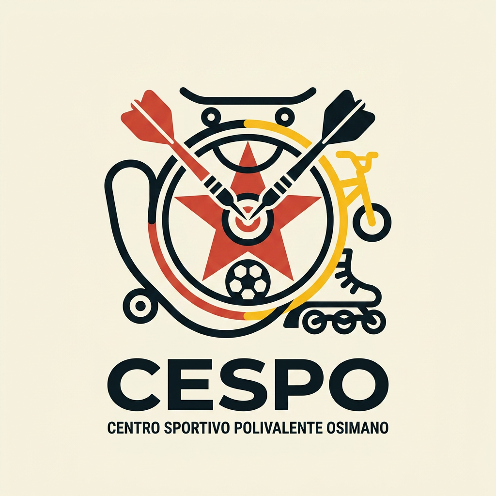 AI Design for mi generi un LOGO minimal (semplice e di impatto) per una struttura sportiva. il nome è CESPO (CENTRO SPORTIVO POLIVALENTE OSIMANO) dove all'interno facciamo calcio a5, scuola calcio per bambini, skate, bmx ,rollerblade e freccette steel e soft. lo sorto primario è il calcio a 5 ..poi skate,bmx e infine le freccette. usiamo i colori giallo rosso insieme al panna/bianco e nero