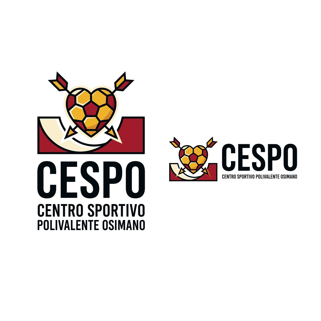 AI Design for mi generi un LOGO minimal (semplice e di impatto) per una struttura sportiva. il nome è CESPO (CENTRO SPORTIVO POLIVALENTE OSIMANO) dove all'interno facciamo calcio a5, scuola calcio per bambini, skate, bmx ,rollerblade e freccette steel e soft. lo sorto primario è il calcio a 5 ..poi skate,bmx e infine le freccette. usiamo i colori giallo rosso insieme al panna/bianco e nero