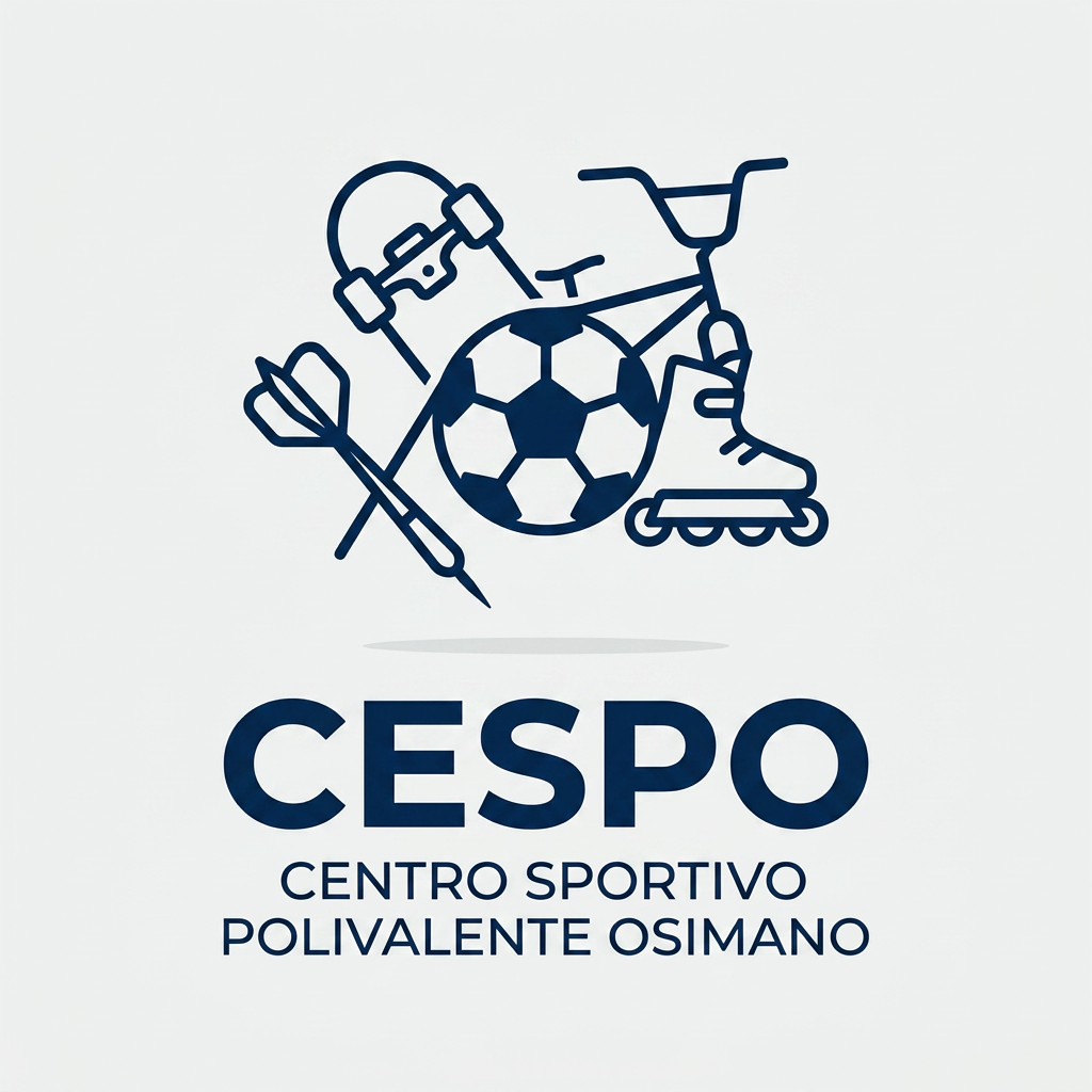 AI Design for mi generi un LOGO minimal (semplice e di impatto) per una struttura sportiva. il nome è CESPO (CENTRO SPORTIVO POLIVALENTE OSIMANO) dove all'interno facciamo calcio a5, scuola calcio per bambini, skate, bmx ,rollerblade e freccette steel e soft. lo sorto primario è il calcio a 5 ..poi skate,bmx e infine le freccette