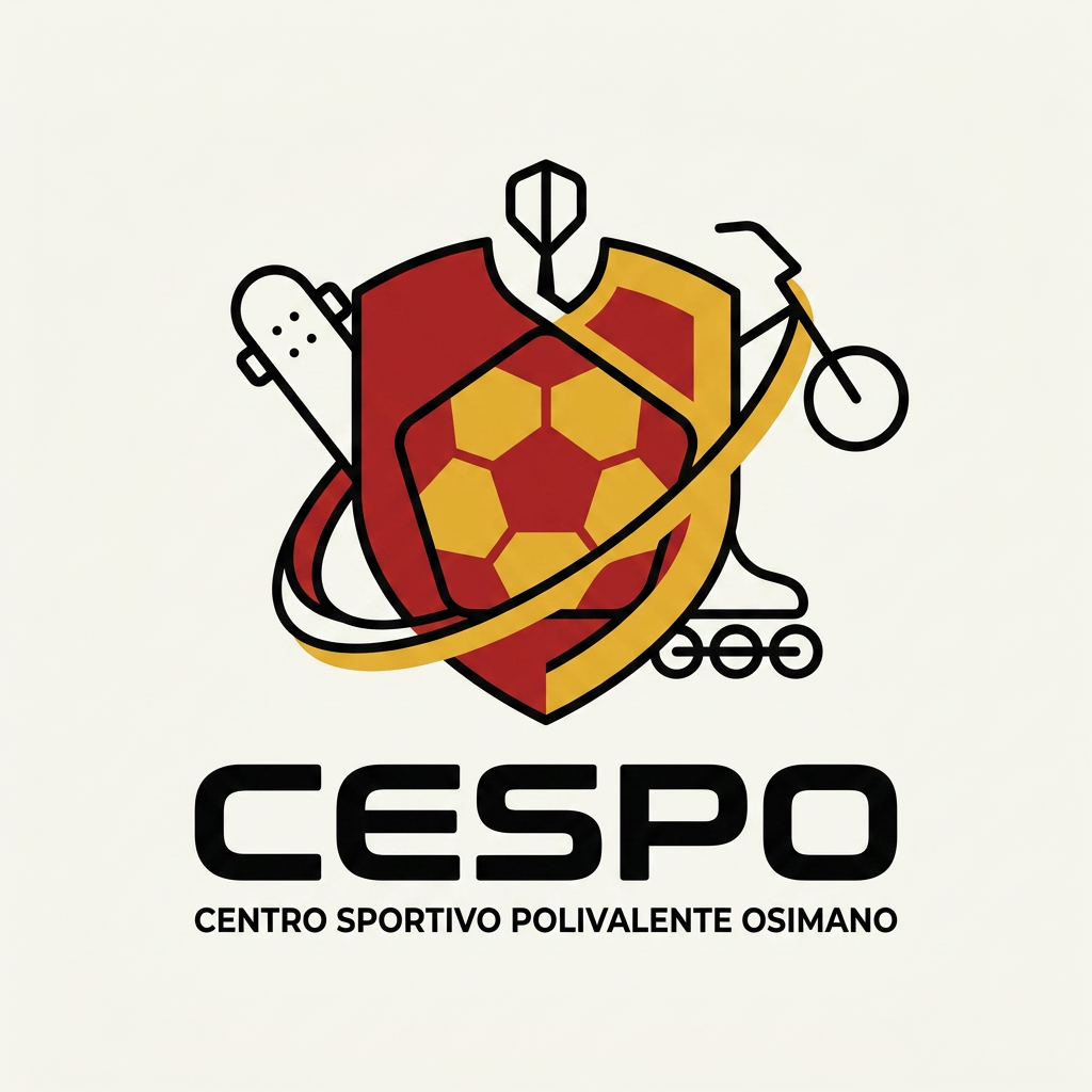 AI Design for mi generi un LOGO minimal (semplice e di impatto) per una struttura sportiva. il nome è CESPO (CENTRO SPORTIVO POLIVALENTE OSIMANO) dove all'interno facciamo calcio a5, scuola calcio per bambini, skate, bmx ,rollerblade e freccette steel e soft. lo sorto primario è il calcio a 5 ..poi skate,bmx e infine le freccette. usiamo i colori giallo rosso insieme al panna/bianco e nero