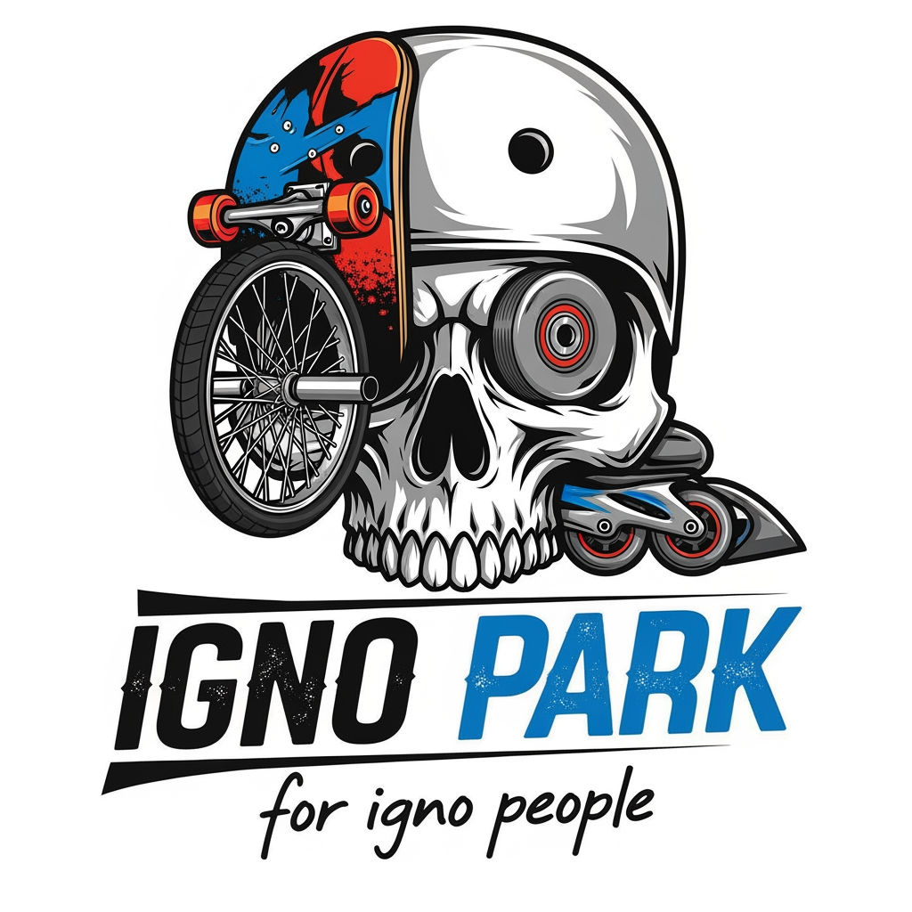 AI Design for VORREI LAVORARE A RESTYLING DELL'IGNOPARK DI OSIMO(AN) hai modo di vedere il logo attuame e modificarlo? è un teschio con scritto IGNO PARK "for igno people" ....vorrei incentrarlo su sport rotellistici e non solo skate (skate,bmx rollerblade)