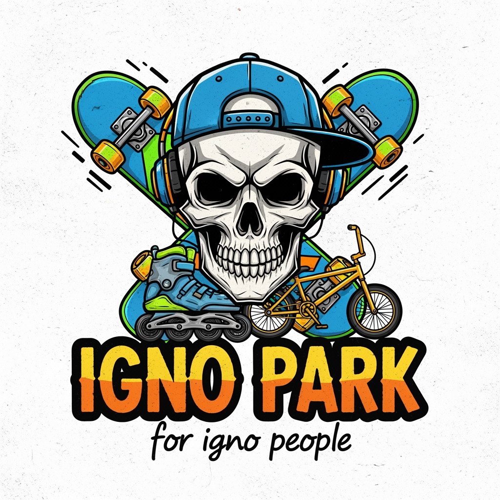 AI Design for VORREI LAVORARE A RESTYLING DELL'IGNOPARK DI OSIMO(AN) hai modo di vedere il logo attuame e modificarlo? è un teschio con scritto IGNO PARK "for igno people" ....vorrei incentrarlo su sport rotellistici e non solo skate (skate,bmx rollerblade)