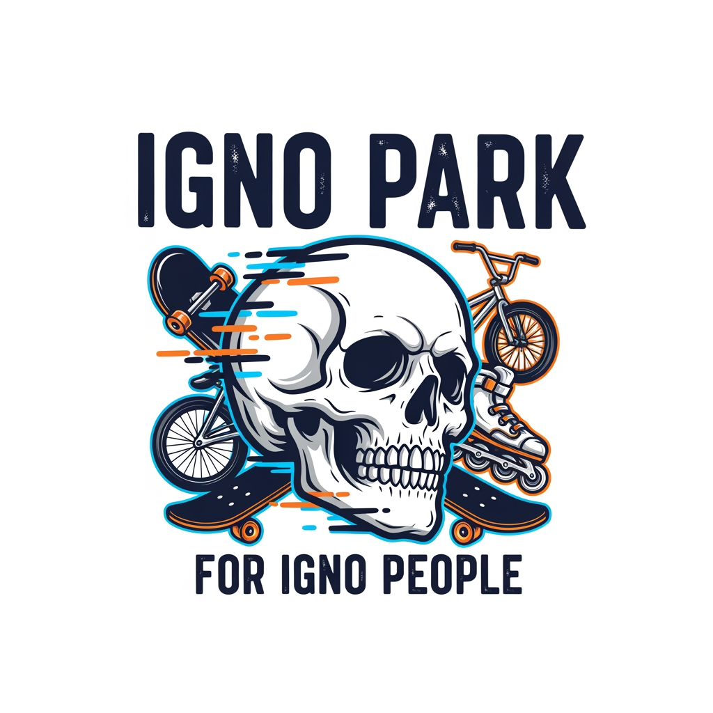 AI Design for VORREI LAVORARE A RESTYLING DELL'IGNOPARK DI OSIMO(AN) hai modo di vedere il logo attuame e modificarlo? è un teschio con scritto IGNO PARK "for igno people" ....vorrei incentrarlo su sport rotellistici e non solo skate (skate,bmx rollerblade)