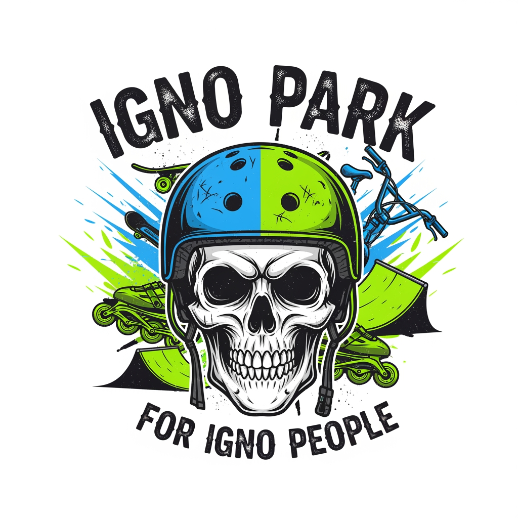AI Design for VORREI LAVORARE A RESTYLING DELL'IGNOPARK DI OSIMO(AN) hai modo di vedere il logo attuame e modificarlo? è un teschio con scritto IGNO PARK "for igno people" ....vorrei incentrarlo su sport rotellistici e non solo skate (skate,bmx rollerblade)