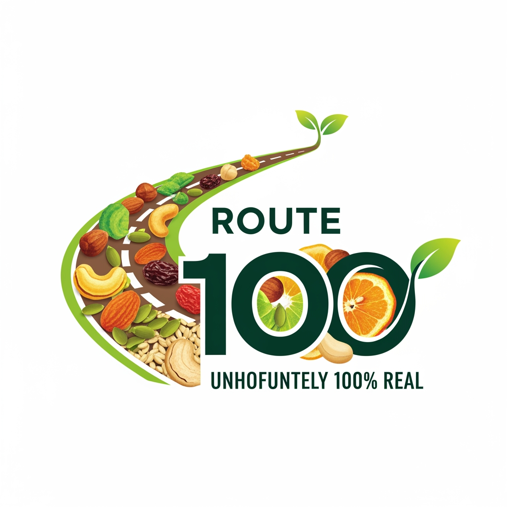AI Design for logo name - Route 100
company description - Route 100 – roadmap to healthy eating, The direct path to 100%real. We believe that path to a healthier life should not be complicated; it should be paved with ingredients that are recognizable, responsibly sourced and undoubtedly good. We know that healthy eating is boring, but presenting the same healthy items in more fun and interesting way. Healthy nuts, dried fruits, seeds and its by products, waffle mixes
Tagline - Undoubtedly 100% Real
logo should be Healthy, Fun, positiveness
create a logo by using above information