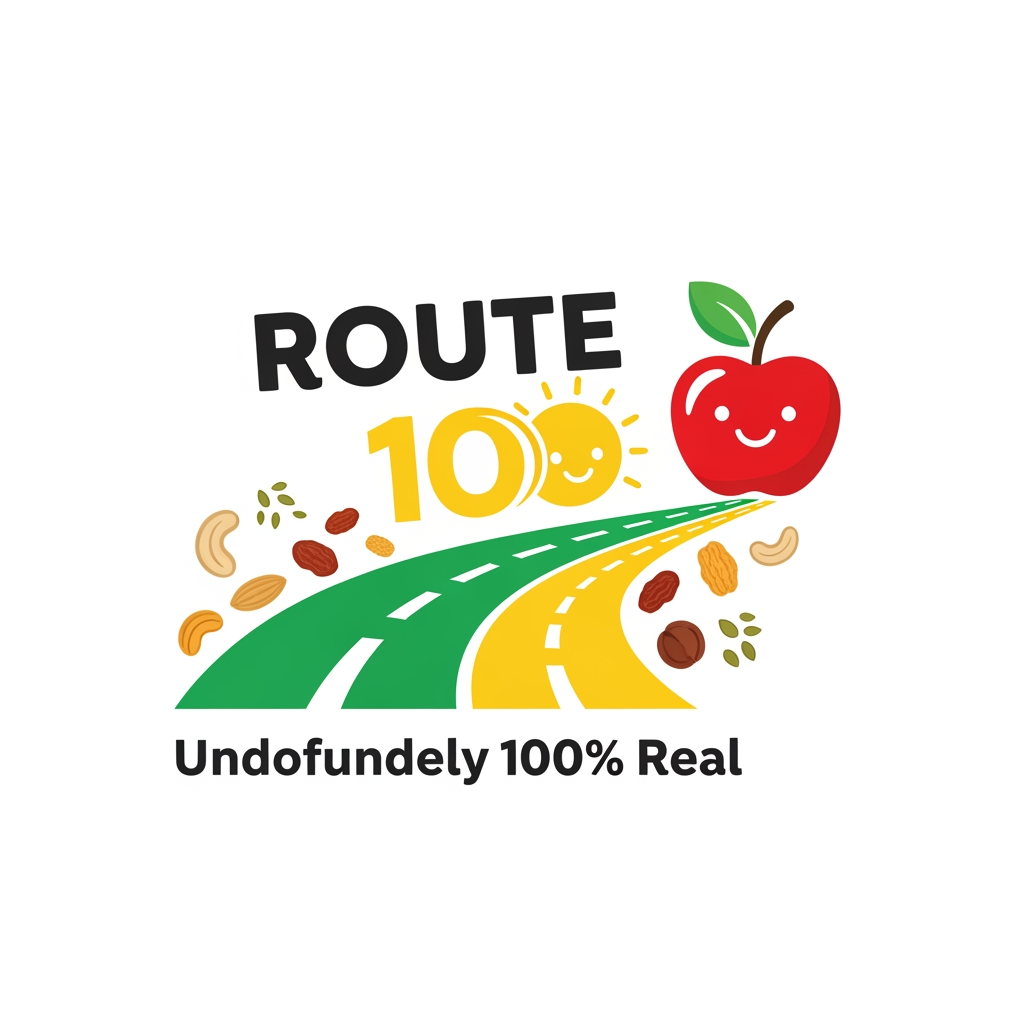AI Design for logo name - Route 100
company description - Route 100 – roadmap to healthy eating, The direct path to 100%real. We believe that path to a healthier life should not be complicated; it should be paved with ingredients that are recognizable, responsibly sourced and undoubtedly good. We know that healthy eating is boring, but presenting the same healthy items in more fun and interesting way. Healthy nuts, dried fruits, seeds and its by products, waffle mixes
Tagline - Undoubtedly 100% Real
logo should be Healthy, Fun, positiveness
create a logo by using above information