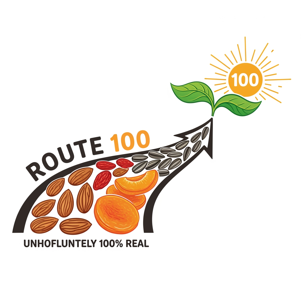 AI Design for logo name - Route 100
company description - Route 100 – roadmap to healthy eating, The direct path to 100%real. We believe that path to a healthier life should not be complicated; it should be paved with ingredients that are recognizable, responsibly sourced and undoubtedly good. We know that healthy eating is boring, but presenting the same healthy items in more fun and interesting way. Healthy nuts, dried fruits, seeds and its by products, waffle mixes
Tagline - Undoubtedly 100% Real
logo should be Healthy, Fun, positiveness
create a logo by using above information