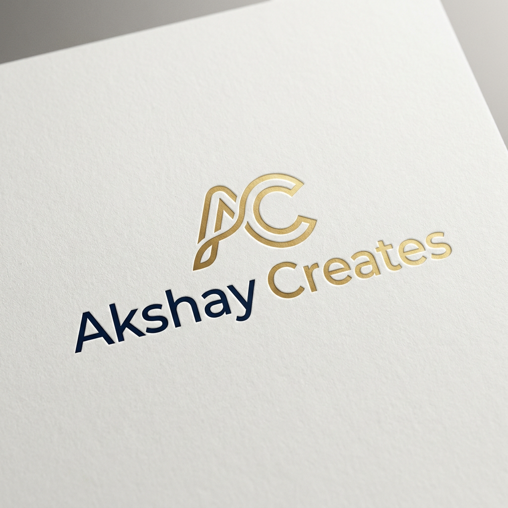 AI Design for A professional, minimalist logo design for 'Akshay Creates' featuring elegant, modern typography and a subtle abstract icon. Use a sophisticated color palette of deep navy and metallic gold, set against a clean, textured off-white background with soft studio lighting and high-end branding aesthetics.