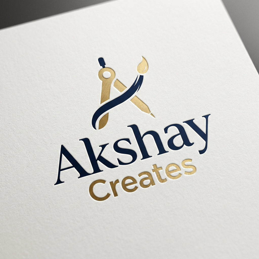 AI Design for A professional, minimalist logo design for 'Akshay Creates' featuring elegant, modern typography and a subtle abstract icon. Use a sophisticated color palette of deep navy and metallic gold, set against a clean, textured off-white background with soft studio lighting and high-end branding aesthetics.