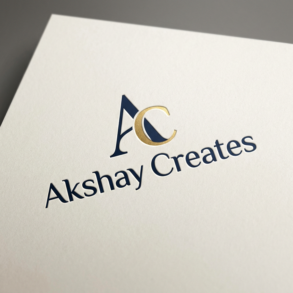AI Design for A professional, minimalist logo design for 'Akshay Creates' featuring elegant, modern typography and a subtle abstract icon. Use a sophisticated color palette of deep navy and metallic gold, set against a clean, textured off-white background with soft studio lighting and high-end branding aesthetics.
