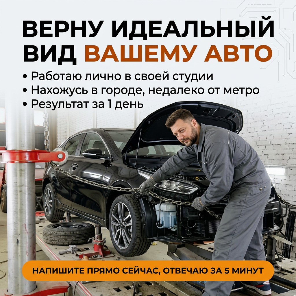 AI Design for Создай уникальный рекламный баннер для Авито в формате
4:3 для услуги «Кузовной ремонт автомобилей». В качестве основного визуального
референса используй изображение из файла «референс 31». Ориентируйся на его
общую сцену, настроение и профессиональную подачу: автомобиль, стапель,
мастерская, техничная атмосфера, премиальный автосервисный стиль. Не копируй
исходный дизайн напрямую — создай новый уникальный баннер в похожем визуальном
настроении.
Использование референсов:
• Возьми сцену с автомобилем, стапелем и мастерской из файла «референс 31»
• Сохрани максимальный реализм автомобиля,
оборудования и пространства мастерской
• Поменяй только цвет автомобиля: с красного на черный
• Черный автомобиль должен выглядеть натурально, реалистично, с правдоподобными
отражениями, бликами, тенями и фактурой кузова
• Изображение мужчины возьми из файла «референс 11»
• Лицо мужчины
не менять
• Сохрани его черты лица, возраст, выражение, прическу
и внешность максимально точно
• Мужчина должен органично смотреться в композиции как
работник кузовного цеха
• Поза мужчины должна быть естественной, скопируй позу
работника кузовного цеха из «референса 31»
Важные требования к реализму:
• Автомобиль должен выглядеть максимально реалистично
• Мастерская и стапель должны быть максимально
правдоподобными, без стилизации и фантазийных деталей
• Не допускать искажений кузова, колес, оптики,
дверей, геометрии автомобиля и оборудования
• Исключить артефакты генерации, лишние предметы,
неправильные отражения и деформации
• Сохранить ощущение настоящего профессионального
кузовного цеха
Требования к дизайну:
• Формат: 4:3
• Основной акцент: автомобиль
• Дополнительный акцент: мужчина как элемент доверия
• Фон и общая среда: светлая мастерская, допускается легкая
технологичная текстура в графических зонах
• Можноиспользовать яркие оранжевые акценты
• Композиция должна быть чистой, современной, не
перегруженной
• Баннер должен выглядеть как профессиональная
рекламная обложка для Авито
• Визуальная подача должна быть убедительной и хорошо
читаемой даже в уменьшенном размере
• Общий стиль: премиальный, техничный, контрастный,
современный, продающий, аккуратный
Композиция:
• Автомобиль — главный визуальный центр
• Мужчину разместить рядом с автомобилем
• Текстовые блоки должны быть выстроены с четкой
визуальной иерархией
• Не перегружай баннер лишними декоративными элементами
• Вся композиция должна вести взгляд от главного УТП к
преимуществам и затем к призыву к действию
Текст на баннере: Используй только этот текст и
никакой другой:
Главное УТП: • Верну идеальный вид Вашему авто
Преимущества:
• Работаю лично в своей студии
• Нахожусь в городе, недалеко от метро
• Результат за 1 день
Призыв к действию: • Напишите прямо сейчас, отвечаю за
5 минут
Важно по тексту:
• Главный акцент должен быть на фразе: «Верну
идеальный вид Вашему авто»
• Остальные фразы оформи как аккуратные преимущества
• Призыв к действию должен быть заметным, но не
перебивать главное УТП • Весь текст должен быть только на русском языке
• Без орфографических ошибок
• Без лишних надписей
• Не добавляй:
• логотипы
• бренды
• телефоны
• сайты
• цены
• значки
• водяные знаки
• случайные символы
• мелкий мусорный текст
Технические требования:
• Крупный, четкий, легко читаемый текст
• Высокая контрастность
• Реалистичные материалы: металл, лак, стекло, свет,
тени, отражения
• Профессиональная рекламная ретушь
• Без мультяшности, без иллюстративного стиля
• Итог должен выглядеть как дорогой и вызывающий
доверие баннер для услуги кузовного ремонта на Авито
Параметры генерации: `--ar 4:3 --size-preset 1K`