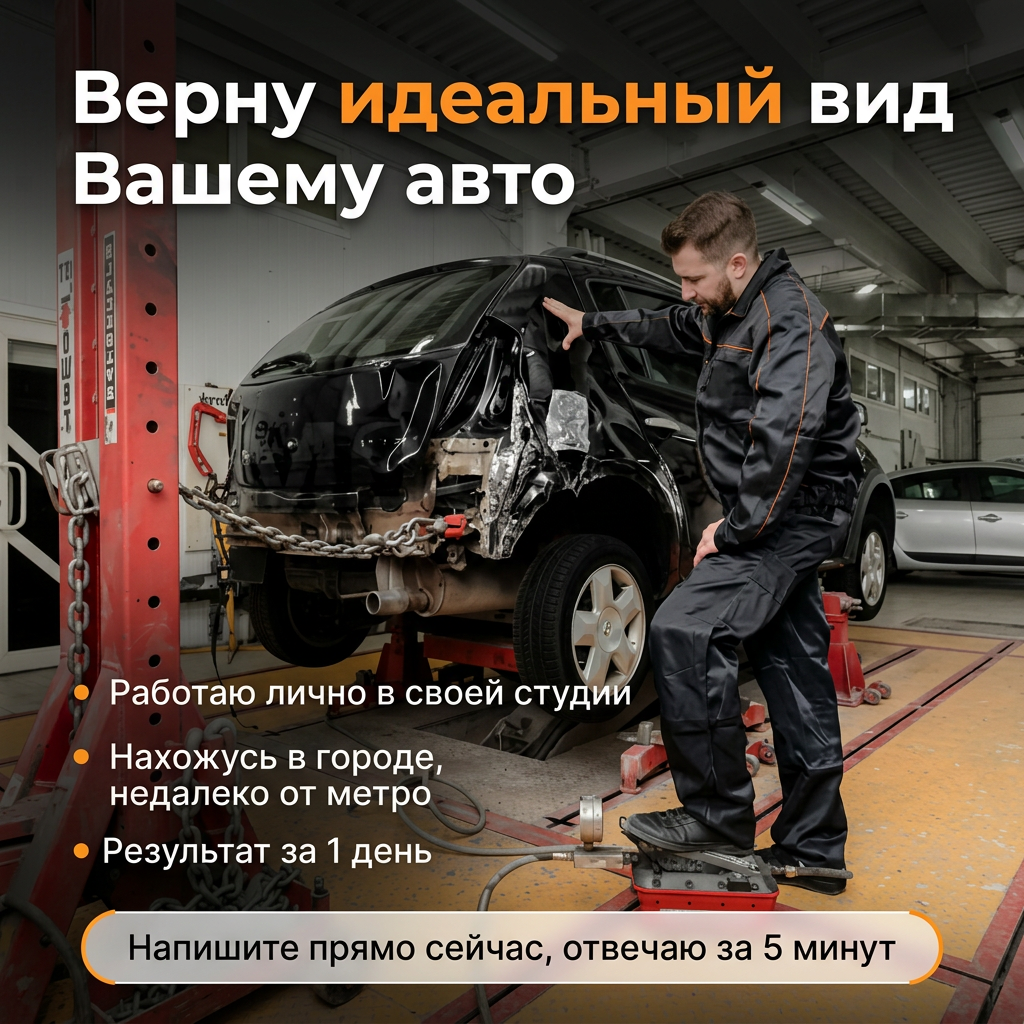 AI Design for Создай уникальный рекламный баннер для Авито в формате
4:3 для услуги «Кузовной ремонт автомобилей». В качестве основного визуального
референса используй изображение из файла «референс 30». Ориентируйся на его
общую сцену, настроение и профессиональную подачу: автомобиль, стапель,
мастерская, техничная атмосфера, премиальный автосервисный стиль. Не копируй
исходный дизайн напрямую — создай новый уникальный баннер в похожем визуальном
настроении.
Использование референсов:
• Возьми сцену с автомобилем, стапелем и мастерской из файла «референс 30»
• Сохрани максимальный реализм автомобиля,
оборудования и пространства мастерской
• Поменяй только цвет автомобиля: с красного на черный
• Черный автомобиль должен выглядеть натурально, реалистично, с правдоподобными
отражениями, бликами, тенями и фактурой кузова
• Изображение мужчины возьми из файла «референс 11»
• Лицо мужчины
не менять
• Сохрани его черты лица, возраст, выражение, прическу
и внешность максимально точно
• Мужчина должен органично смотреться в композиции как
работник кузовного цеха
• Поза мужчины должна быть естественной, скопируй позу
работника кузовного цеха из «референса 30»
Важные требования к реализму:
• Автомобиль должен выглядеть максимально реалистично
• Мастерская и стапель должны быть максимально
правдоподобными, без стилизации и фантазийных деталей
• Не допускать искажений кузова, колес, оптики,
дверей, геометрии автомобиля и оборудования
• Исключить артефакты генерации, лишние предметы,
неправильные отражения и деформации
• Сохранить ощущение настоящего профессионального
кузовного цеха
Требования к дизайну:
• Формат: 4:3
• Основной акцент: автомобиль
• Дополнительный акцент: мужчина как элемент доверия
• Фон и общая среда: светлая мастерская, допускается легкая
технологичная текстура в графических зонах
• Можноиспользовать яркие оранжевые акценты
• Композиция должна быть чистой, современной, не
перегруженной
• Баннер должен выглядеть как профессиональная
рекламная обложка для Авито
• Визуальная подача должна быть убедительной и хорошо
читаемой даже в уменьшенном размере
• Общий стиль: премиальный, техничный, контрастный,
современный, продающий, аккуратный
Композиция:
• Автомобиль — главный визуальный центр
• Мужчину разместить рядом с автомобилем
• Текстовые блоки должны быть выстроены с четкой
визуальной иерархией
• Не перегружай баннер лишними декоративными элементами
• Вся композиция должна вести взгляд от главного УТП к
преимуществам и затем к призыву к действию
Текст на баннере: Используй только этот текст и
никакой другой:
Главное УТП: • Верну идеальный вид Вашему авто
Преимущества:
• Работаю лично в своей студии
• Нахожусь в городе, недалеко от метро
• Результат за 1 день
Призыв к действию: • Напишите прямо сейчас, отвечаю за
5 минут
Важно по тексту:
• Главный акцент должен быть на фразе: «Верну
идеальный вид Вашему авто»
• Остальные фразы оформи как аккуратные преимущества
• Призыв к действию должен быть заметным, но не
перебивать главное УТП • Весь текст должен быть только на русском языке
• Без орфографических ошибок
• Без лишних надписей
• Не добавляй:
• логотипы
• бренды
• телефоны
• сайты
• цены
• значки
• водяные знаки
• случайные символы
• мелкий мусорный текст
Технические требования:
• Крупный, четкий, легко читаемый текст
• Высокая контрастность
• Реалистичные материалы: металл, лак, стекло, свет,
тени, отражения
• Профессиональная рекламная ретушь
• Без мультяшности, без иллюстративного стиля
• Итог должен выглядеть как дорогой и вызывающий
доверие баннер для услуги кузовного ремонта на Авито
Параметры генерации: `--ar 4:3 --size-preset 1K`