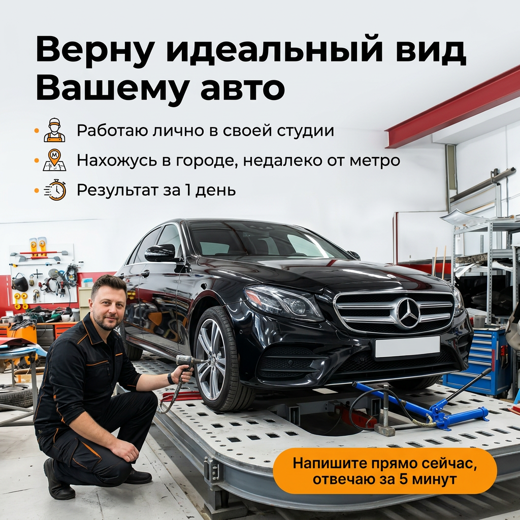 AI Design for Создай уникальный рекламный баннер для Авито в формате
4:3 для услуги «Кузовной ремонт автомобилей». В качестве основного визуального
референса используй изображение из файла «референс 33». Ориентируйся на его
общую сцену, настроение и профессиональную подачу: автомобиль, стапель,
мастерская, техничная атмосфера, премиальный автосервисный стиль. Не копируй
исходный дизайн напрямую — создай новый уникальный баннер в похожем визуальном
настроении.
Использование референсов:
• Возьми сцену с автомобилем, стапелем и мастерской из файла «референс 33»
• Сохрани максимальный реализм автомобиля,
оборудования и пространства мастерской
• Поменяй только цвет автомобиля: с синего на черный
• Черный автомобиль должен выглядеть натурально, реалистично, с правдоподобными
отражениями, бликами, тенями и фактурой кузова
• Изображение мужчины возьми из файла «референс 11»
• Лицо мужчины
не менять
• Сохрани его черты лица, возраст, выражение, прическу
и внешность максимально точно
• Мужчина должен органично смотреться в композиции как
работник кузовного цеха
• Поза мужчины должна быть естественной, скопируй позу
работника кузовного цеха из «референса 33»
Важные требования к реализму:
• Автомобиль должен выглядеть максимально реалистично
• Мастерская и стапель должны быть максимально
правдоподобными, без стилизации и фантазийных деталей
• Не допускать искажений кузова, колес, оптики,
дверей, геометрии автомобиля и оборудования
• Исключить артефакты генерации, лишние предметы,
неправильные отражения и деформации
• Сохранить ощущение настоящего профессионального
кузовного цеха
Требования к дизайну:
• Формат: 4:3
• Основной акцент: автомобиль
• Дополнительный акцент: мужчина как элемент доверия
• Фон и общая среда: светлая мастерская, допускается легкая
технологичная текстура в графических зонах
• Можноиспользовать яркие оранжевые акценты
• Композиция должна быть чистой, современной, не
перегруженной
• Баннер должен выглядеть как профессиональная
рекламная обложка для Авито
• Визуальная подача должна быть убедительной и хорошо
читаемой даже в уменьшенном размере
• Общий стиль: премиальный, техничный, контрастный,
современный, продающий, аккуратный
Композиция:
• Автомобиль — главный визуальный центр
• Мужчину разместить рядом с автомобилем
• Текстовые блоки должны быть выстроены с четкой
визуальной иерархией
• Не перегружай баннер лишними декоративными элементами
• Вся композиция должна вести взгляд от главного УТП к
преимуществам и затем к призыву к действию
Текст на баннере: Используй только этот текст и
никакой другой:
Главное УТП: • Верну идеальный вид Вашему авто
Преимущества:
• Работаю лично в своей студии
• Нахожусь в городе, недалеко от метро
• Результат за 1 день
Призыв к действию: • Напишите прямо сейчас, отвечаю за
5 минут
Важно по тексту:
• Главный акцент должен быть на фразе: «Верну
идеальный вид Вашему авто»
• Остальные фразы оформи как аккуратные преимущества
• Призыв к действию должен быть заметным, но не
перебивать главное УТП • Весь текст должен быть только на русском языке
• Без орфографических ошибок
• Без лишних надписей
• Не добавляй:
• логотипы
• бренды
• телефоны
• сайты
• цены
• значки
• водяные знаки
• случайные символы
• мелкий мусорный текст
Технические требования:
• Крупный, четкий, легко читаемый текст
• Высокая контрастность
• Реалистичные материалы: металл, лак, стекло, свет,
тени, отражения
• Профессиональная рекламная ретушь
• Без мультяшности, без иллюстративного стиля
• Итог должен выглядеть как дорогой и вызывающий
доверие баннер для услуги кузовного ремонта на Авито
Параметры генерации: `--ar 4:3 --size-preset 1K`