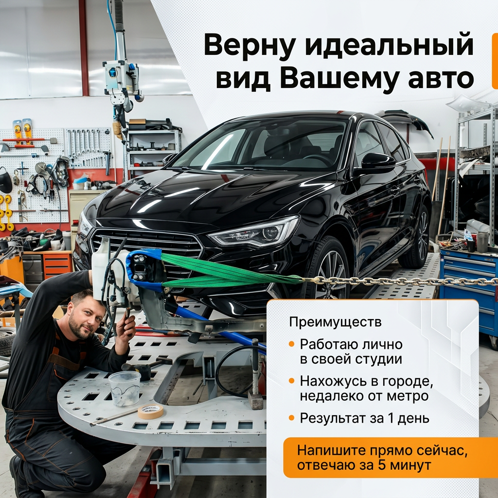 AI Design for Создай уникальный рекламный баннер для Авито в формате
4:3 для услуги «Кузовной ремонт автомобилей». В качестве основного визуального
референса используй изображение из файла «референс 33». Ориентируйся на его
общую сцену, настроение и профессиональную подачу: автомобиль, стапель,
мастерская, техничная атмосфера, премиальный автосервисный стиль. Не копируй
исходный дизайн напрямую — создай новый уникальный баннер в похожем визуальном
настроении.
Использование референсов:
• Возьми сцену с автомобилем, стапелем и мастерской из файла «референс 33»
• Сохрани максимальный реализм автомобиля,
оборудования и пространства мастерской
• Поменяй только цвет автомобиля: с синего на черный
• Черный автомобиль должен выглядеть натурально, реалистично, с правдоподобными
отражениями, бликами, тенями и фактурой кузова
• Изображение мужчины возьми из файла «референс 11»
• Лицо мужчины
не менять
• Сохрани его черты лица, возраст, выражение, прическу
и внешность максимально точно
• Мужчина должен органично смотреться в композиции как
работник кузовного цеха
• Поза мужчины должна быть естественной, скопируй позу
работника кузовного цеха из «референса 33»
Важные требования к реализму:
• Автомобиль должен выглядеть максимально реалистично
• Мастерская и стапель должны быть максимально
правдоподобными, без стилизации и фантазийных деталей
• Не допускать искажений кузова, колес, оптики,
дверей, геометрии автомобиля и оборудования
• Исключить артефакты генерации, лишние предметы,
неправильные отражения и деформации
• Сохранить ощущение настоящего профессионального
кузовного цеха
Требования к дизайну:
• Формат: 4:3
• Основной акцент: автомобиль
• Дополнительный акцент: мужчина как элемент доверия
• Фон и общая среда: светлая мастерская, допускается легкая
технологичная текстура в графических зонах
• Можноиспользовать яркие оранжевые акценты
• Композиция должна быть чистой, современной, не
перегруженной
• Баннер должен выглядеть как профессиональная
рекламная обложка для Авито
• Визуальная подача должна быть убедительной и хорошо
читаемой даже в уменьшенном размере
• Общий стиль: премиальный, техничный, контрастный,
современный, продающий, аккуратный
Композиция:
• Автомобиль — главный визуальный центр
• Мужчину разместить рядом с автомобилем
• Текстовые блоки должны быть выстроены с четкой
визуальной иерархией
• Не перегружай баннер лишними декоративными элементами
• Вся композиция должна вести взгляд от главного УТП к
преимуществам и затем к призыву к действию
Текст на баннере: Используй только этот текст и
никакой другой:
Главное УТП: • Верну идеальный вид Вашему авто
Преимущества:
• Работаю лично в своей студии
• Нахожусь в городе, недалеко от метро
• Результат за 1 день
Призыв к действию: • Напишите прямо сейчас, отвечаю за
5 минут
Важно по тексту:
• Главный акцент должен быть на фразе: «Верну
идеальный вид Вашему авто»
• Остальные фразы оформи как аккуратные преимущества
• Призыв к действию должен быть заметным, но не
перебивать главное УТП • Весь текст должен быть только на русском языке
• Без орфографических ошибок
• Без лишних надписей
• Не добавляй:
• логотипы
• бренды
• телефоны
• сайты
• цены
• значки
• водяные знаки
• случайные символы
• мелкий мусорный текст
Технические требования:
• Крупный, четкий, легко читаемый текст
• Высокая контрастность
• Реалистичные материалы: металл, лак, стекло, свет,
тени, отражения
• Профессиональная рекламная ретушь
• Без мультяшности, без иллюстративного стиля
• Итог должен выглядеть как дорогой и вызывающий
доверие баннер для услуги кузовного ремонта на Авито
Параметры генерации: `--ar 4:3 --size-preset 1K`