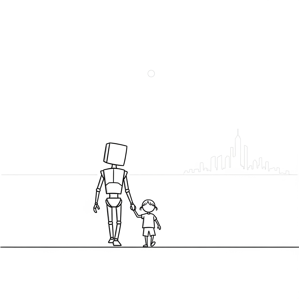 AI Design for stick figures of a robot and child walking together into the future. minimalistic.
