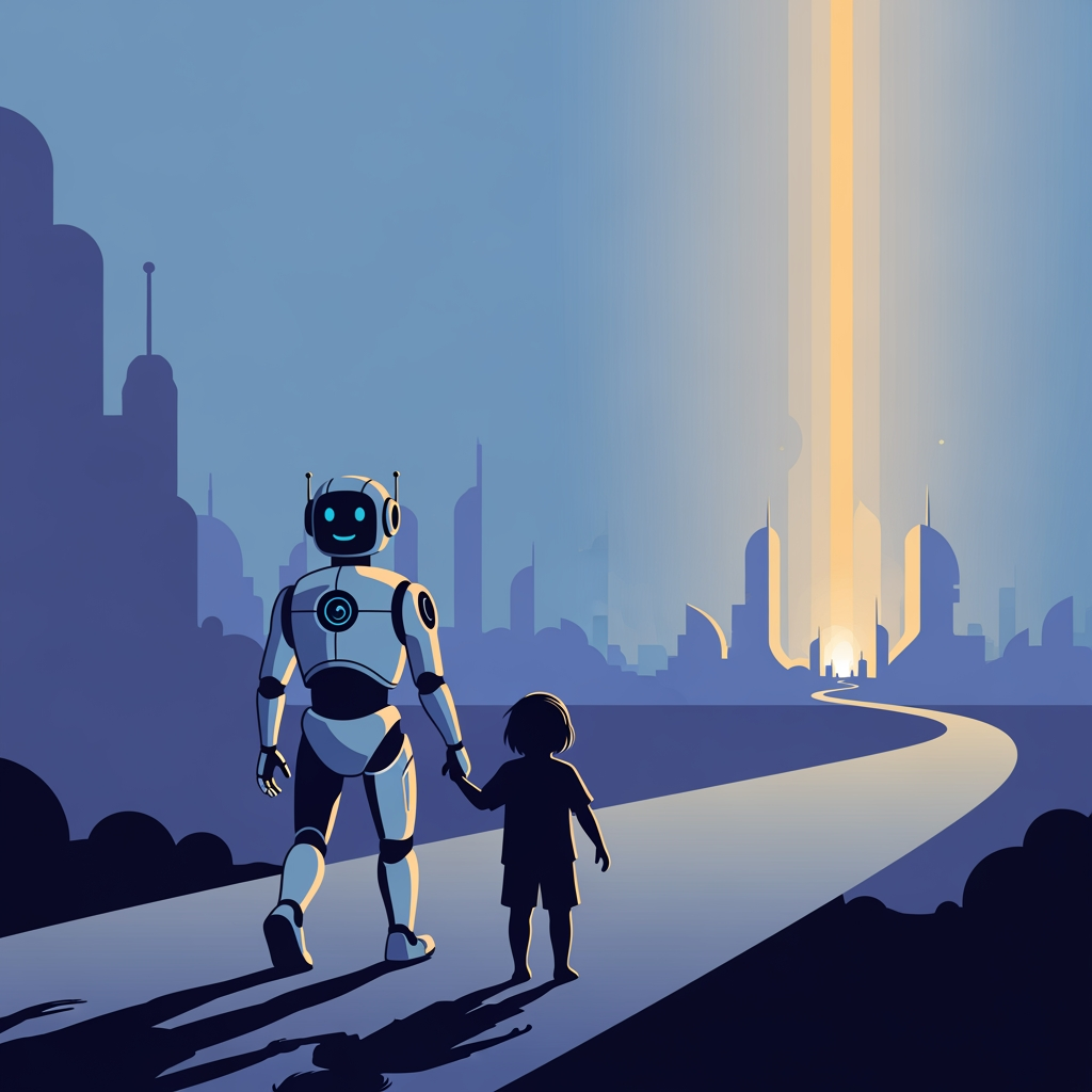 AI Design for a simple illustration of a robot and child walking together into the future. minimalistic.