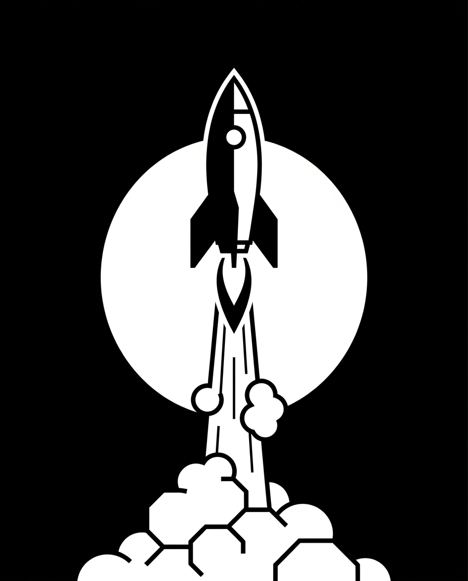AI Design for A minimalist, high-contrast black and white graphic illustration of a sleek rocket ascending vertically into the void of space. Wispy, stylized puffs of smoke trail behind the engine in a clean, geometric composition against a solid, stark background, emphasizing negative space and bold lines.