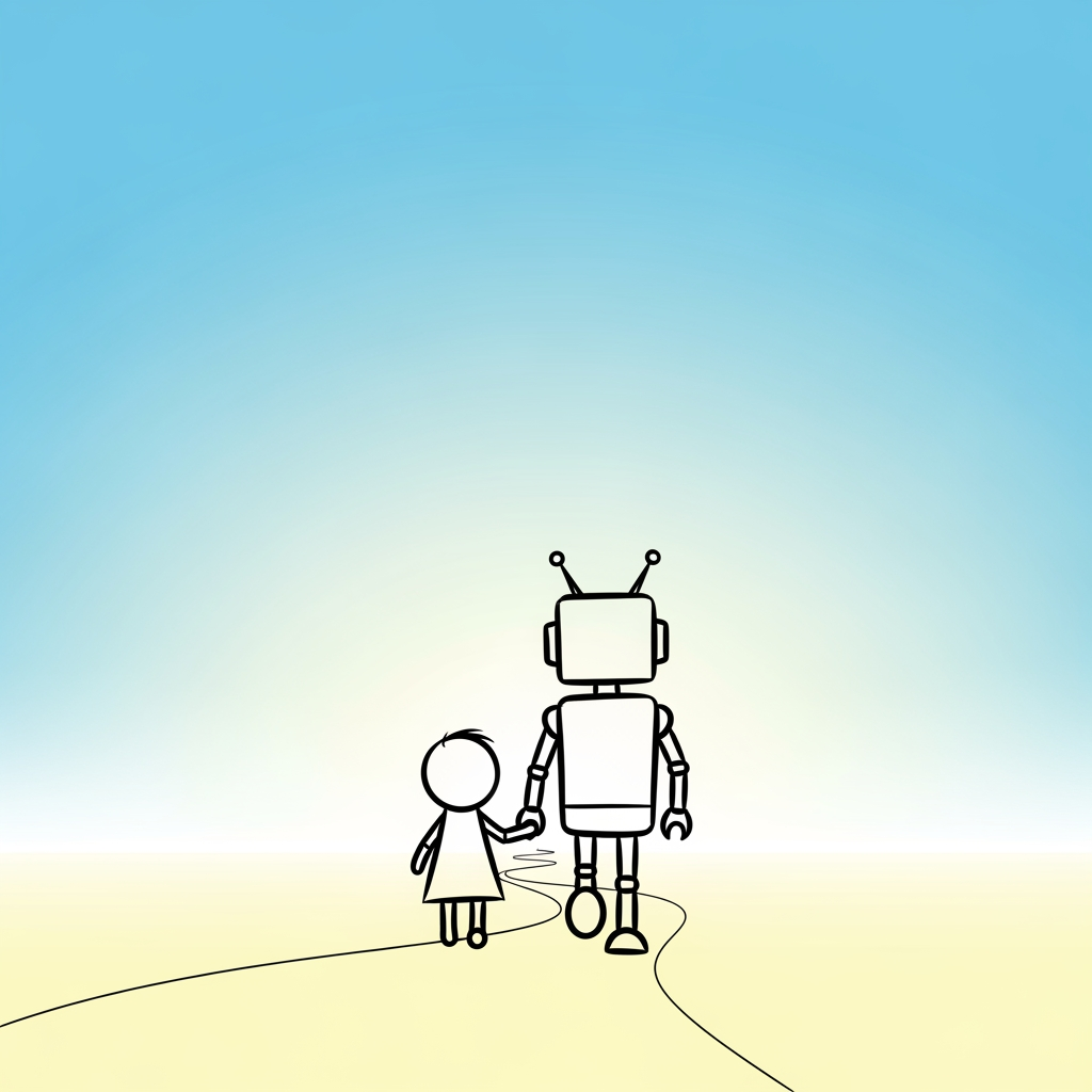 AI Design for stick figures of a robot and child walking together into the future. minimalistic.